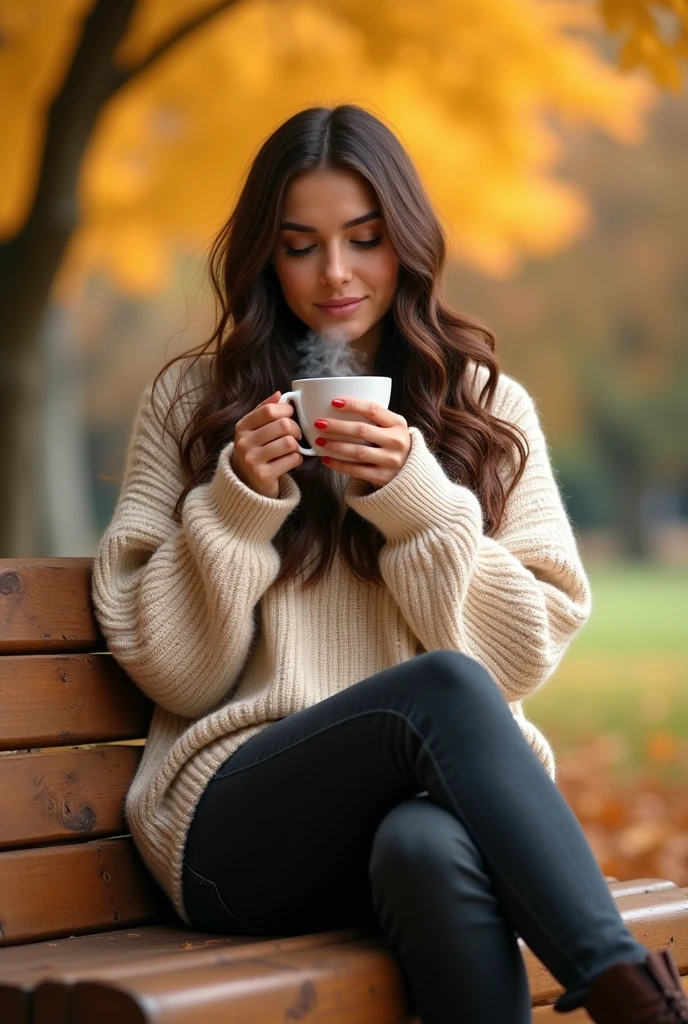 Woman sitting on chair、There is coffee on the table、Wearing fashionable clothes
