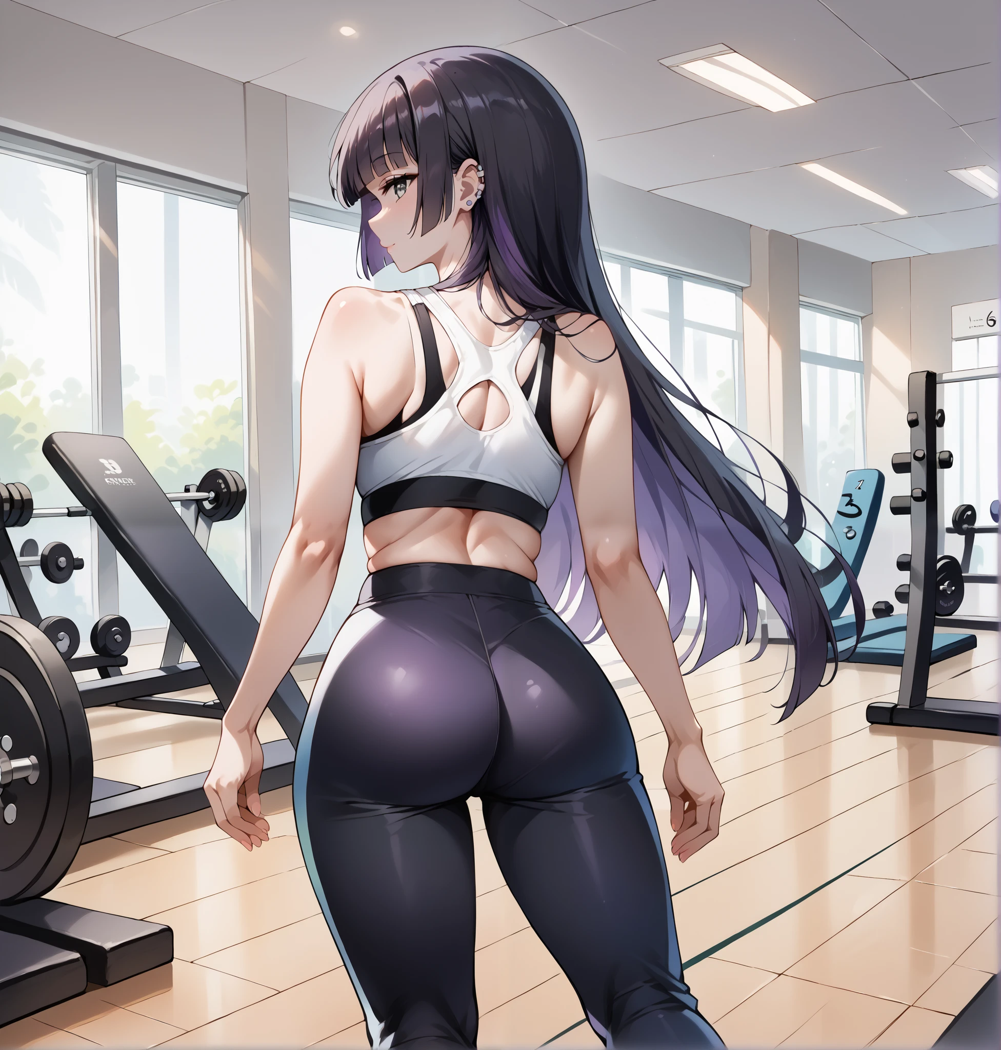 score_9, score_8_up, score_7_up, source_anime, 4K,perfect fingers,(perfect hands, perfect anatomy),prefect lighting, very aesthetic, intricate details,highly detailed background, masterpiece, high quality, best quality,
1girl,solo,pasan, pasan, black hair, blunt bangs, blunt ends, chin piercing, colored inner hair, ear piercing, grey eyes, hime cut, long hair, medium bangs, multicolored hair, piercing, purple hair, mature female, large breast,
wearing ((Gym,White Sports bra, sexy, Bare waist, Bare shoulders,Black Yoga Pants, Long legs, )),,
Standing,back view,