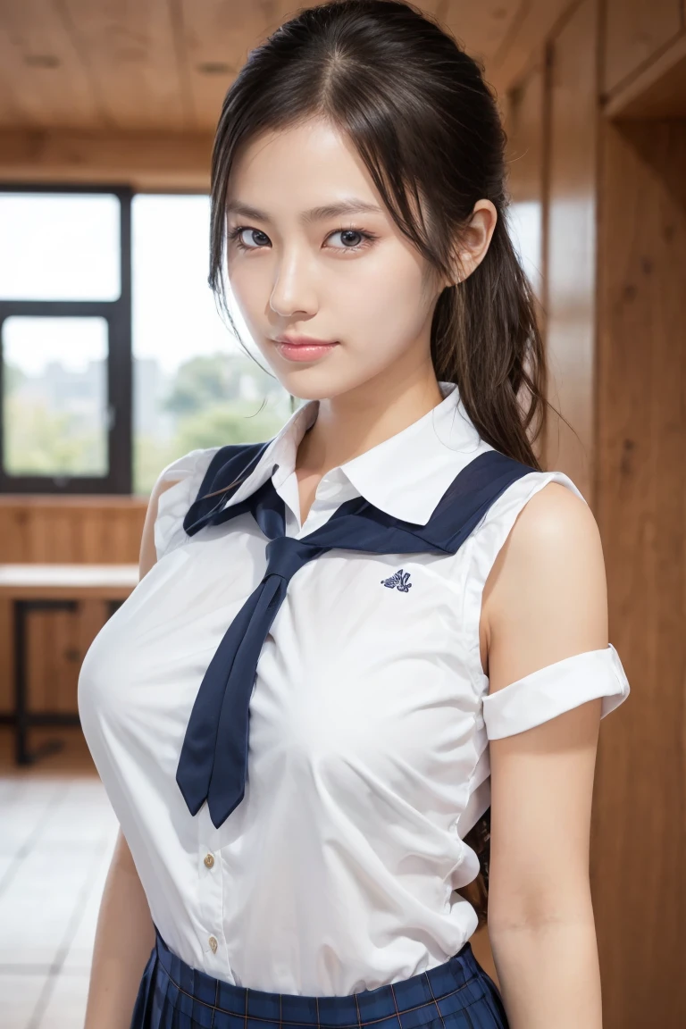 ((Best Quality, 8K, Masterpiece: 1.3)), 1girl, shiny skin, sharp, Perfect Body Beauty, realistic shaded perfect body, (JK school uniform:1.3), (Japanese high school girl:1.2)(Uniform bow tie:1.3)(dynamicposes)、(white shirt:1.2), pantie shot, ("skirt , no panties":1.3) , cleavage , (big breasts:1.5) , (cleavage:1.5), small face