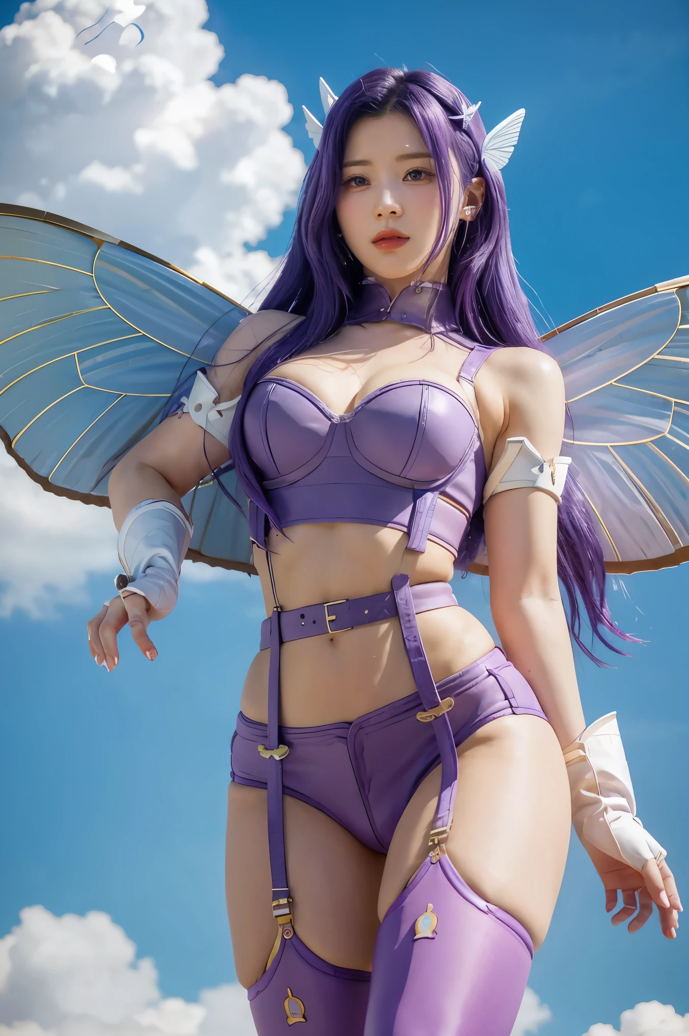 purple hair, long hair, hair ornament, belt, butterfly wings gauntlets, cleavage, garter straps, gauntlets, navel, shoulder pads, thigh highs,, sky, cloud,