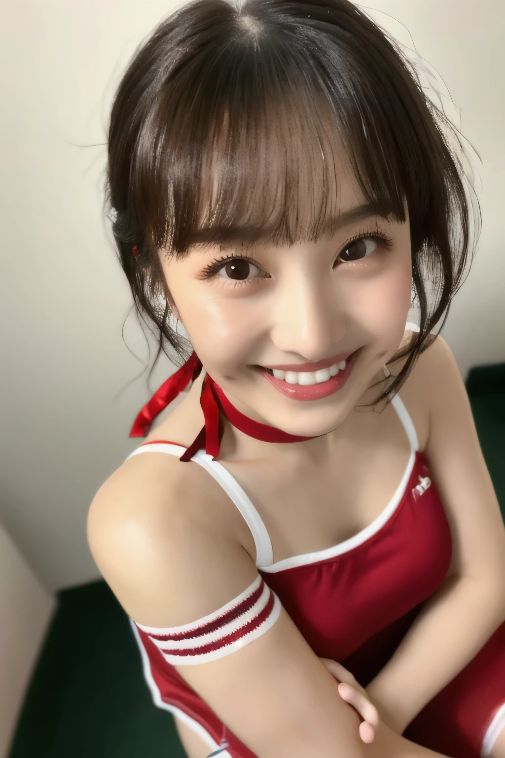 ((red tennis wear)), (( Japanese Girl))、、(Light up your face)、(masterpiece, top quality, The beautiful quality of , photorealistic , detailed lighting , Extremely detailed skin, Extremely Detailed Hair ,8k, black hair, upper body, One Girl , smile, Watch Viewers , Dimples, Dimpless on cheeks, fc portrait:1.2), bangs、 red choker 、 off shoulder、Accurate Eyes、 in ultra high quality、 ponytail、 red ribbon、 mini skirt