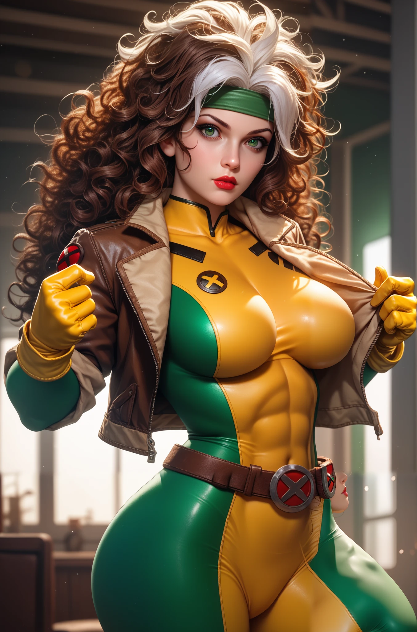 good anatomy, masterpiece, best quality, bokeh, depth of field, highres, high quality, 1girl,
CARTOON_X_MENs_Rogue,ownwaifu,
long hair,breasts,brown hair,green eyes,lipstick,makeup,lips,white hair,two-tone hair,headband,wavy hair,large breasts,messy hair,curly hair,big_hair,
yellow bodysuit,jacket,gloves,belt,yellow gloves,green bodysuit,bodysuit,multicolored bodysuit,superhero, skin tight,multicolored clothes, cowboy shot, protruding ass, erect pose, wide hips