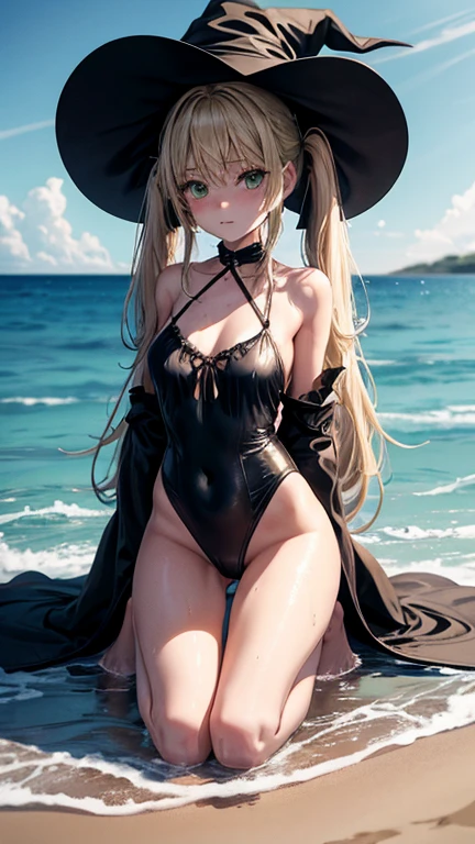 very slender. Long, blonde hair. She has green eyes. pigtails tied wearing a large witch hat. Wearing a black swimsuit, wet clothes, beach at night