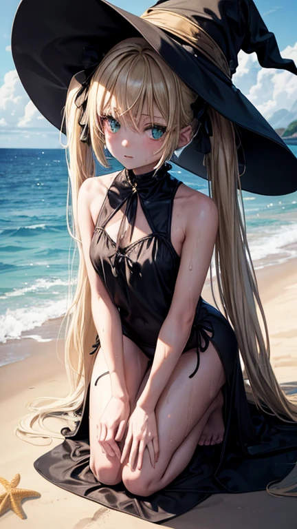 very slender. Long, blonde hair. She has green eyes. pigtails tied wearing a large witch hat. Wearing a black swimsuit, wet clothes, beach background, upper body portrait 
