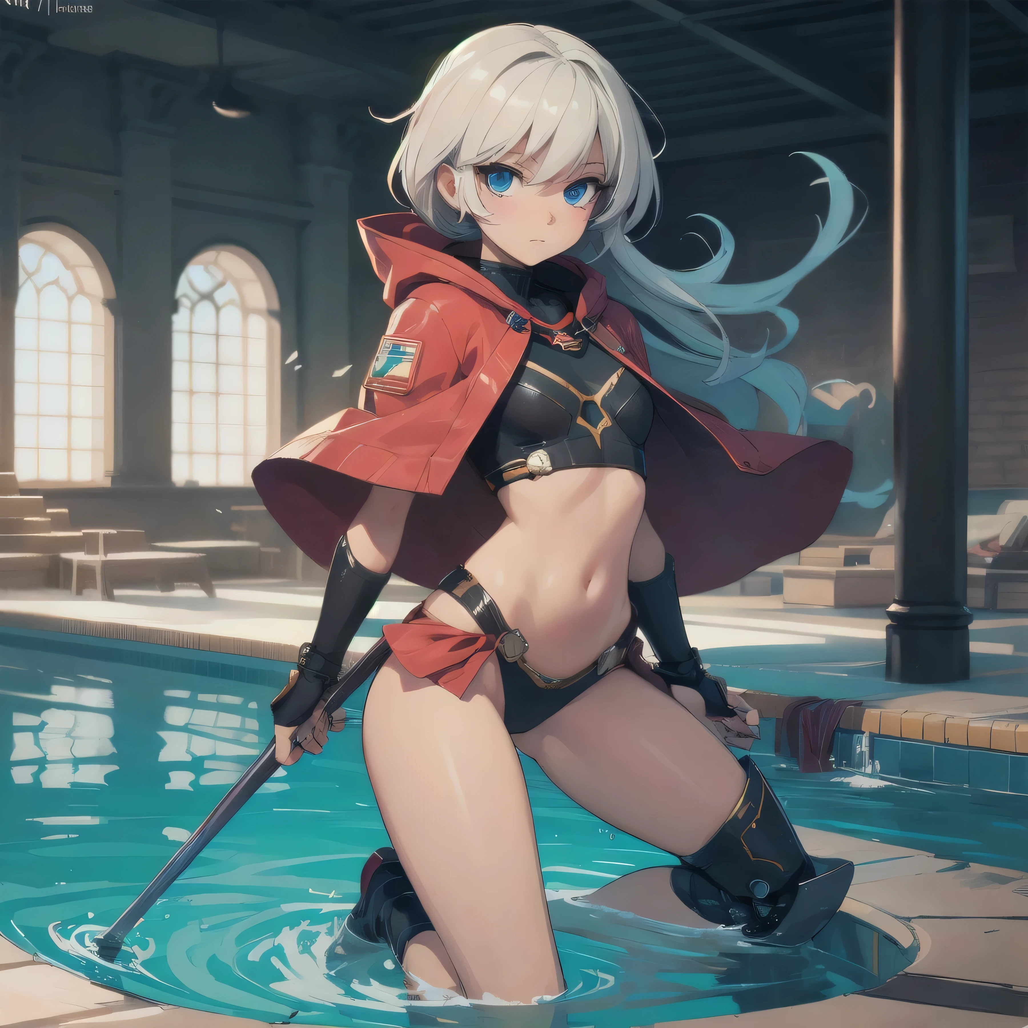 view straight standing in full height soaring 15 centimeters above the water mystical blood mage young beautiful little elf vampire long ash hair red eyes serious expression dark open top on the chest sports shorts without shoes cutout on the chest open breasts of size 2 without a cloak