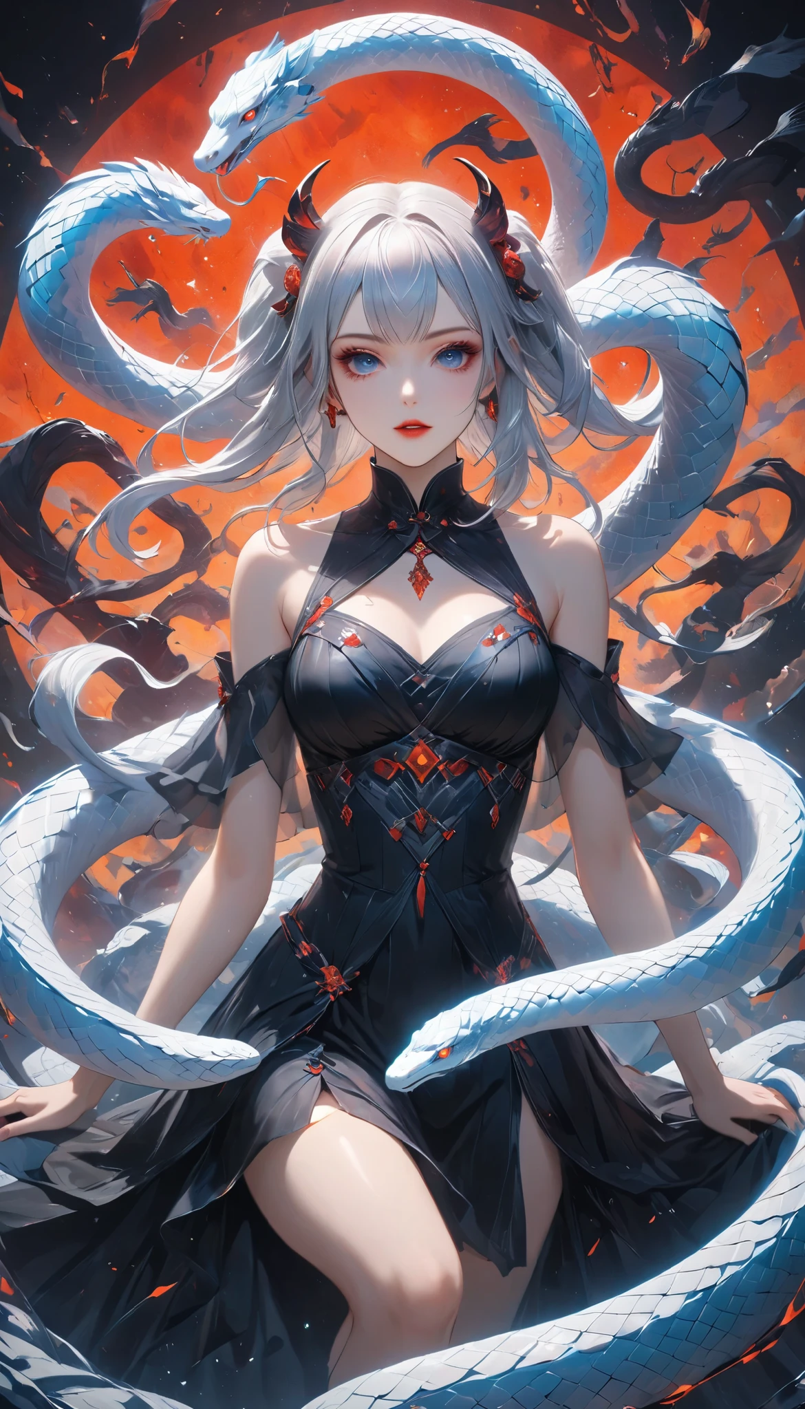 (\A\ Succubus ride on top of \B\ a white giant snake:1.57), solo, \A\, Chinese short dress, dark navy, short lengths, high-quality silk material, dragon pattern embroidery, golden embroidery thread, , \B\ \white giant snake details\, ferocious giant snake face, attacking you, wide open mouth bite, \white giant snake in the center, (white giant snake is not dragon:1.37\), BREAK (She spreads her legs and straddles on the top of the White giant Snake's face), DGCU