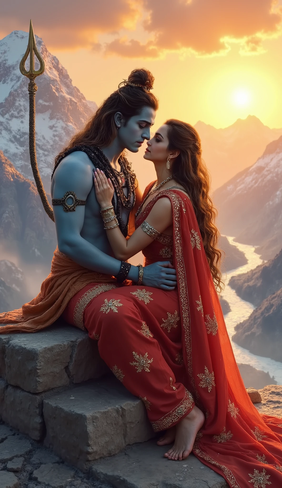 "An artistic portrayal of Lord Shiva and Goddess Parvati in a loving embrace, seated on a divine Himalayan mountaintop surrounded by a glowing aura. Shiva is depicted with ash-covered skin, a crescent moon on his forehead, and a serpent coiled around his neck, holding his trident (Trishul). Parvati is dressed in a resplendent red saree with intricate gold embroidery, wearing elegant jewelry, radiating beauty and grace. The background features snow-capped mountains, a flowing river symbolizing the Ganga, and a serene, golden sunset. The scene should exude divine love, serenity, and harmony."