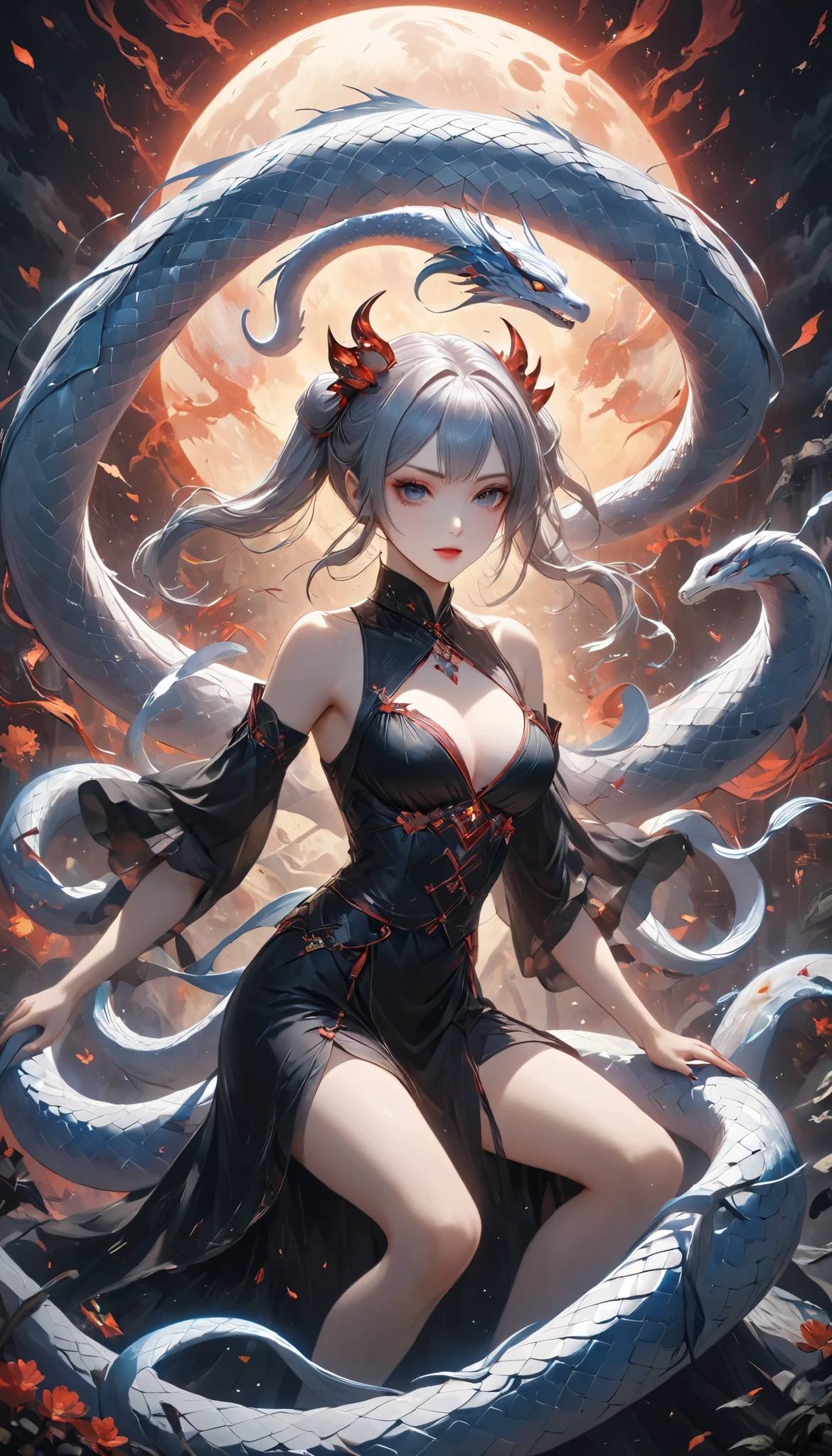 (\A\ Succubus ride on top of \B\ a white giant snake:1.57), solo, \A\, Chinese short dress, dark navy, short lengths, high-quality silk material, dragon pattern embroidery, golden embroidery thread, , \B\ \white giant snake details\, ferocious giant snake face, attacking you, wide open mouth bite, \white giant snake in the center, (white giant snake is not dragon:1.37\), BREAK (She spreads her legs and straddles on the top of the White giant Snake's face), DGCU