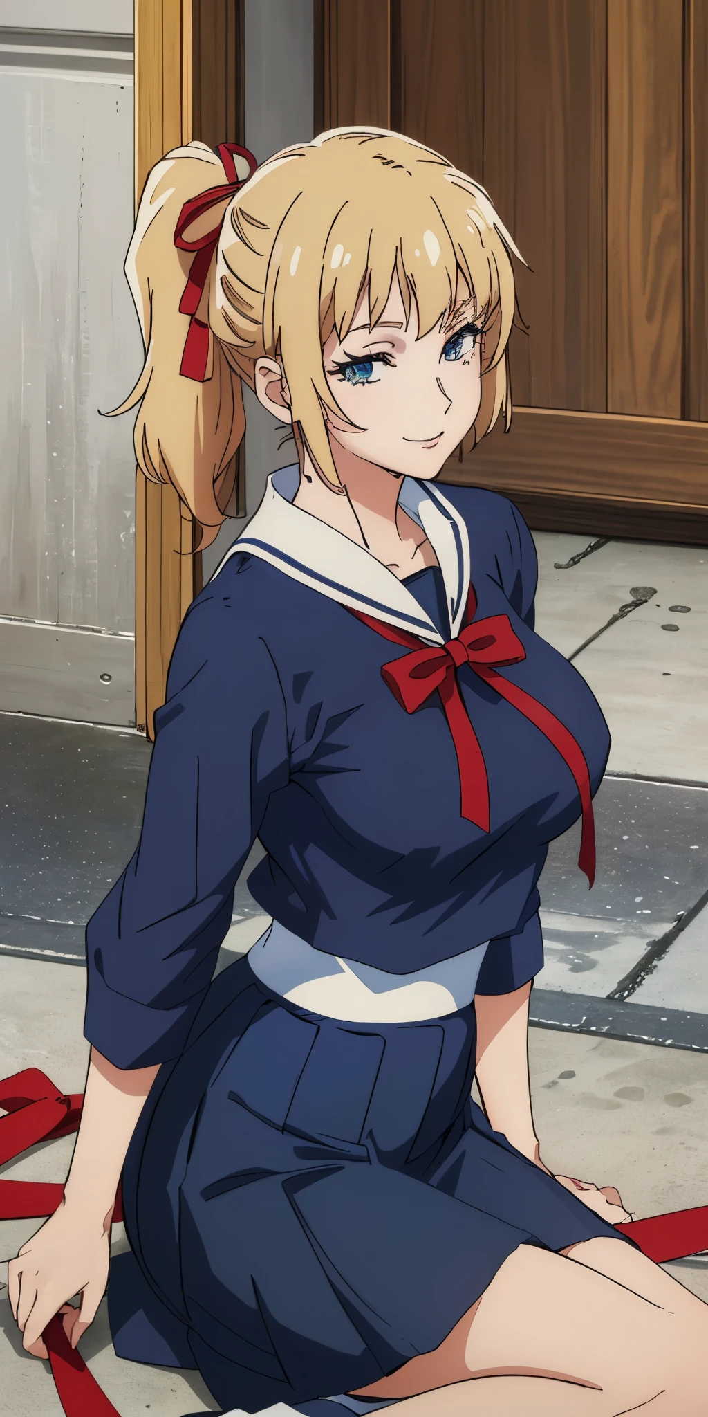 Young woman drawn in 80’s anime art style.
Retro anime. Vintage Anime. Classical Anime.
She has long and wavy blonde hair, blue eyes, full lips, and a beauty mark located under the right side of her mouth. She is well known for her curvaceous figure of which her most distinctive trait is her very large breasts. She is also wearing jewelry and a seductive smile.
She is wearing a sailor fuku (セーラー服, sērā fuku, sailor outfit) is a common japanese style of uniform worn by women, traditionally by high school female students.
The uniform generally consists of a sailor-styled blouse attached with a (Navy blue sailor-style collar) and a Dark Navy Blue Sailor Blouse. The length of the long skirt goes down past her ankle.
A ribbon is tied in the front and laced through a loop attached to the sailor blouse. The color is the ribbon is red. (RED RIBBON)
(Dark Navy Blue Sailor Shirt)
(Dark Navy Pleated Skirt)
(Holding A Sword)
(High School)