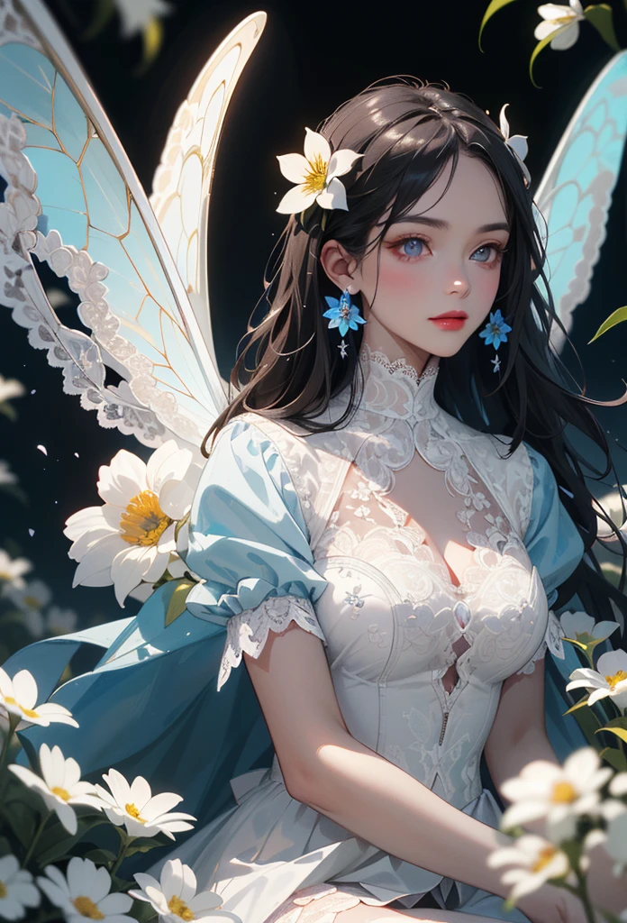 (glowing,blue,butterfly,sparkling,sparkling),(best quality,ultra-detailed),(portraits,vivid colors),(blue,sparkling light),(butterfly),(wings shimmering,delicate,translucent;), (The butterfly's wings are detailed with shimmering crystals.), crystal wings,(sparkling blue color),(beautiful pattern, intricate designs on wings),(graceful,floating),(garden,flowers),(gentle breeze),(dream-like atmosphere),(illuminated by moonlight),(nighttime),(magical, ethereal),(soft,glowing light),(mysterious, enchanting), Depth of field, high contrast, intricate details, volumetric lighting, (dynamic composition:1.2), highly detailed, colorful details, iridescent colors, (glowing lighting, atmospheric lighting), dreamy, magical, solo, lens flare, (colorful), Cinematic light, high-res, sharp focus, heterochromia, smooth, colorful light, particles, blue galaxy colors schemes,