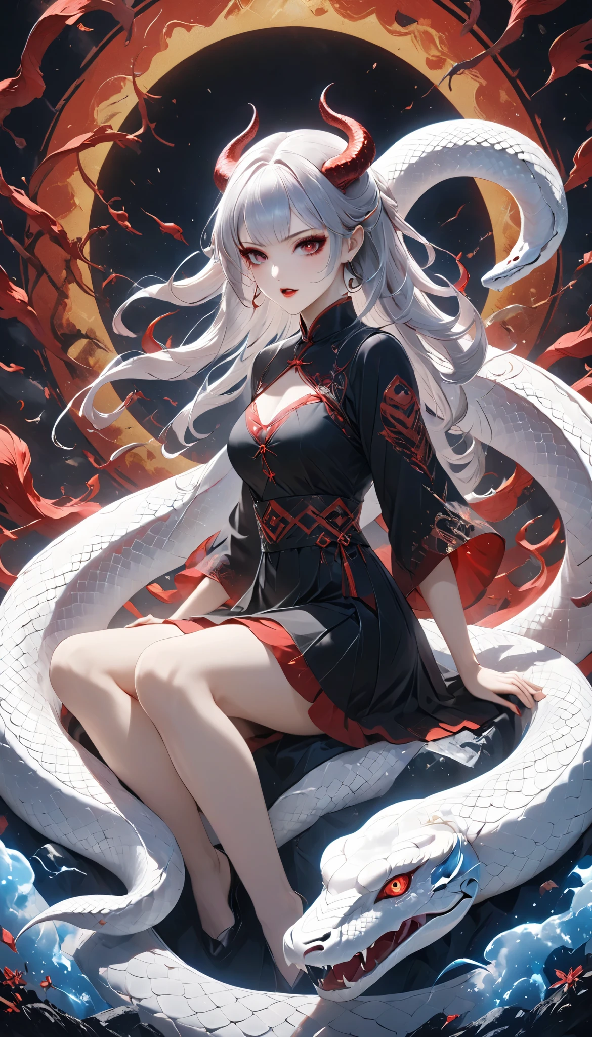 (\A\ Succubus ride on top of \B\ a white giant snake:1.57), solo, \A\, Chinese short dress, dark navy, short lengths, high-quality silk material, dragon pattern embroidery, golden embroidery thread, , \B\ \white giant snake details\, ferocious giant snake face, attacking you, wide open mouth bite, \white giant snake in the center, (white giant snake is not dragon:1.37\), BREAK (She spreads her legs and straddles on the top of the White giant Snake's face), DGCU