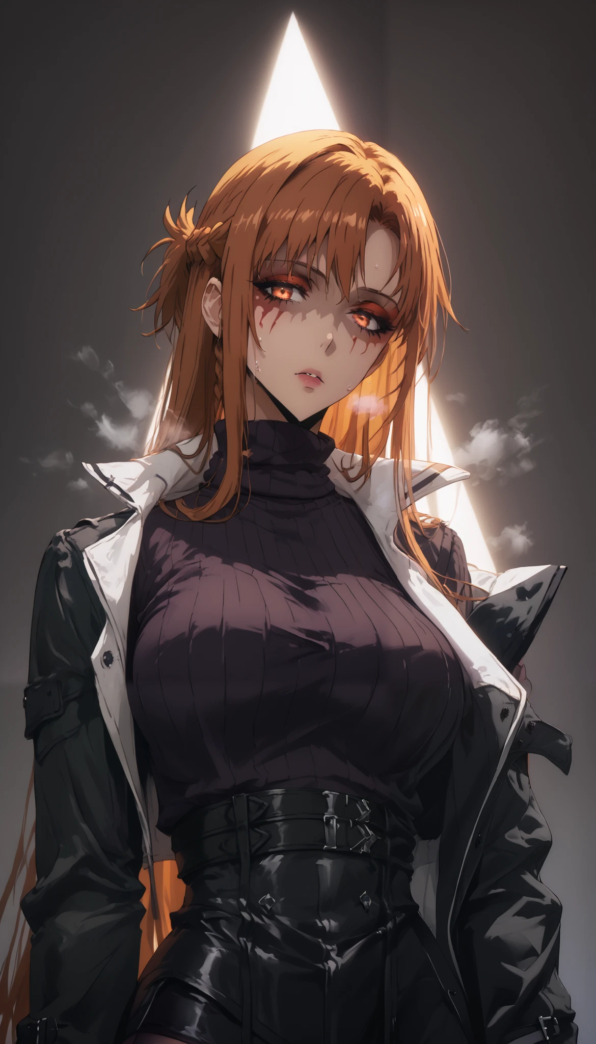 (cutesexyrobutts style:0.8), score_8_up, score_6_up, uncensored, asuna yuuki from sword art online, orange hair, fold, braid, very long hair, long hair, orange eyes, anime coloring, anime screencap, shiny skin, (voluptuous:1.3), (thick:1.3), BREAK UHD, retina, masterpiece, accurate, anatomically correct, textured skin, super detail, high details, high quality, award winning, best quality, highres, 4K, black nails, makeup, eyelashes, excessive sweating, sweating, sweating drop, (gasping, heavy breathing:1.3), (skindentation:1.2), perfect eyes, beautiful eyes, eyelashes, makeup, detailed body, perfect body, BREAK, fantasy, 1girl, solo, looking_at_viewer, jacket, sweater, upper_body, sidelocks, breasts, coat, ribbed_sweater, turtleneck, shaded face,