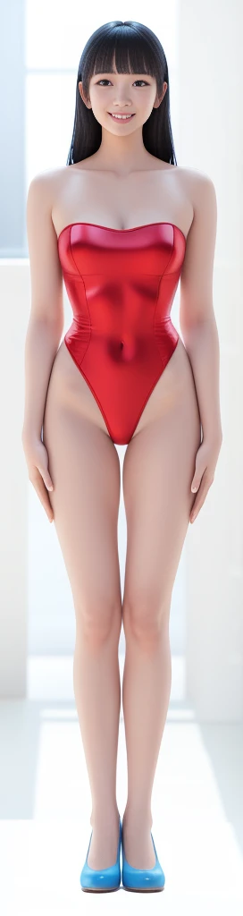 On a white background,A tall and beautiful Chinese girl,with fair skin,Toothy smile,A big smile,When you laugh, Your eyes are crescent-shaped,blunt bangs, long straight hair,Wear a one-piece swimsuit and pumps,Swimsuits are decorated with joyful patterns, Stand up straight,Stand upright,hands on sides,Symmetrical distribution,Ray tracing,All shaded areas,No windows, Soft lighting, Warm light, flood light, no lights on the top, Studio light, 1.4x Realistic Ultra HD