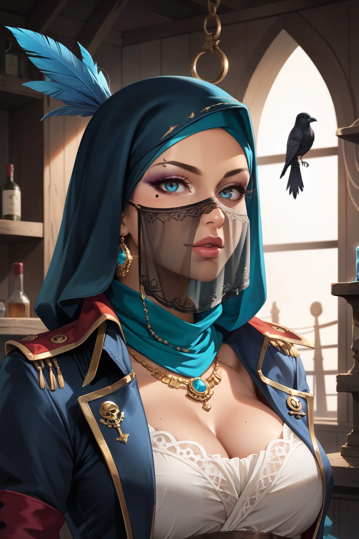 mixed_artstyle, 1 girl, hands, (best quality, 4K, Artwork :1.3), beautiful, hyper-realistic, ultra-detailed face, Detailed lips, detailed, Sealpunk, pirate, pirate woman, captain, crows, silk hijab, face veil⁵, jewelry, half cyborg, blue crystal sword, clothes with crow feathers, stylized