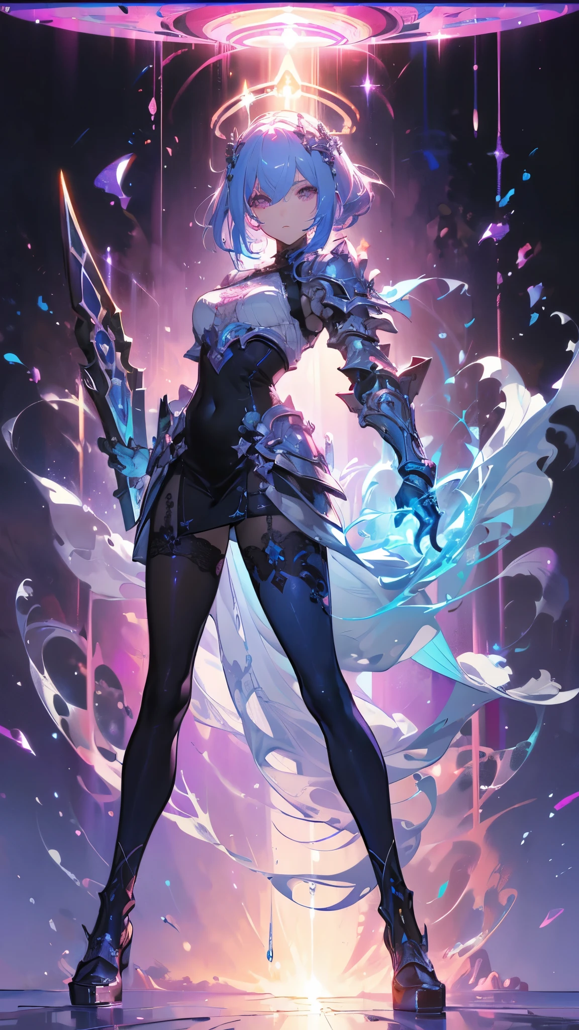 nijistyle,rfktr_technotrex,cyberpunk (sorceress, futuristic angelic wings on her back, She's dramatically standing seductively and Alluring. Sensual. Her outfit is very sexy and showing a lot revealing, She's holding a fire energy sword. :1.2)  wearing armor, robes, cape, blend fantasy and science fiction together, techno-mancer inspired by D&D, Shadowrun, forgotten realms,  art inspired by balder's gate 3 art, wlop, dramatic low lens facing up. Full body portrait. Luminous. Techno cyberpunk futuristicinematic background. 4k, 8k. UHD, intricately detailed. Greasy skin. Realistic color. Bold and vivid colors. Fine line quality.