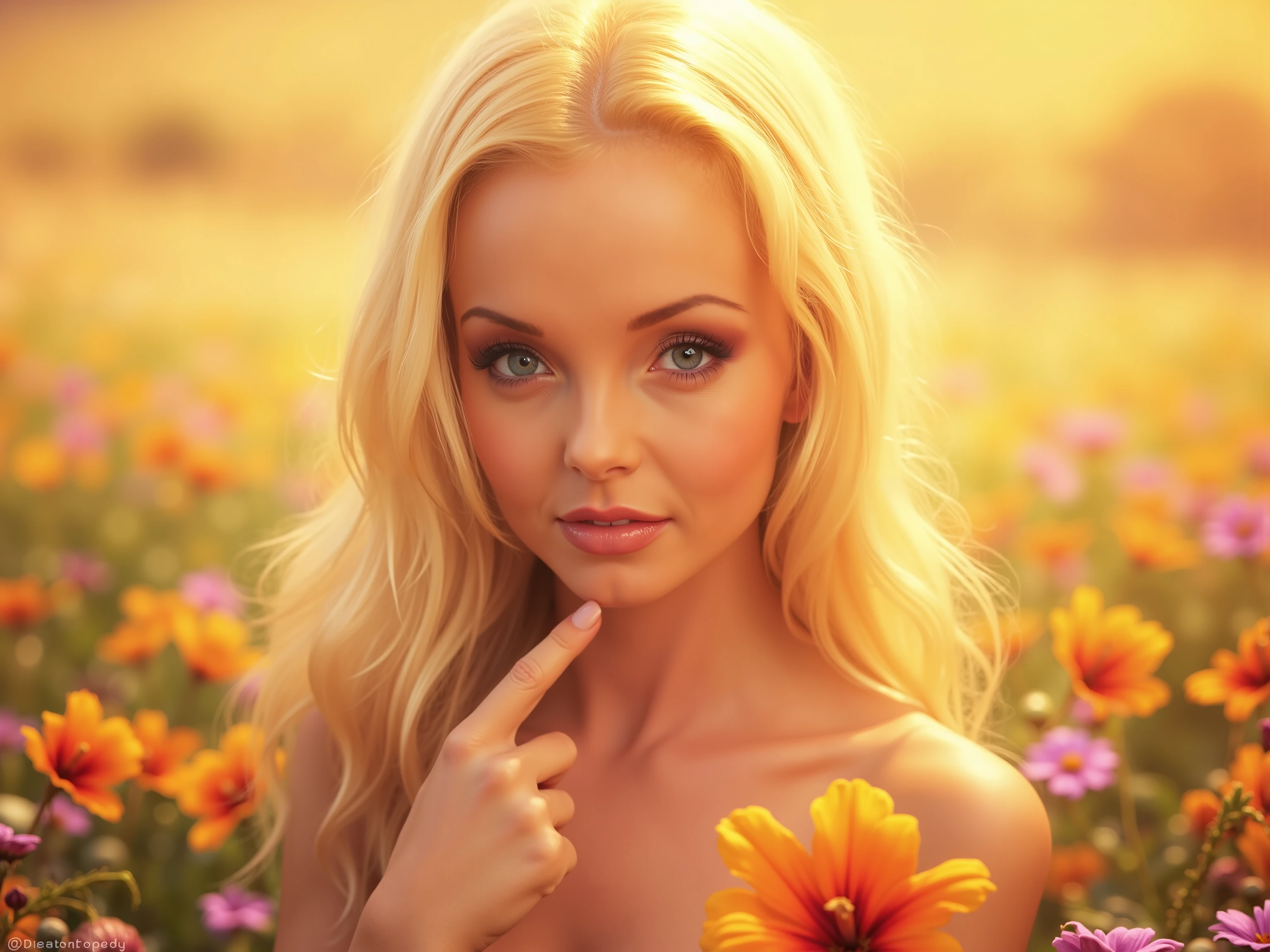 girl, , standing between flowers, naked, blond hair, mouth open wide, full round lips, sunny, face only, she is looking at the viewer, one of her fingers is pointing to her neck