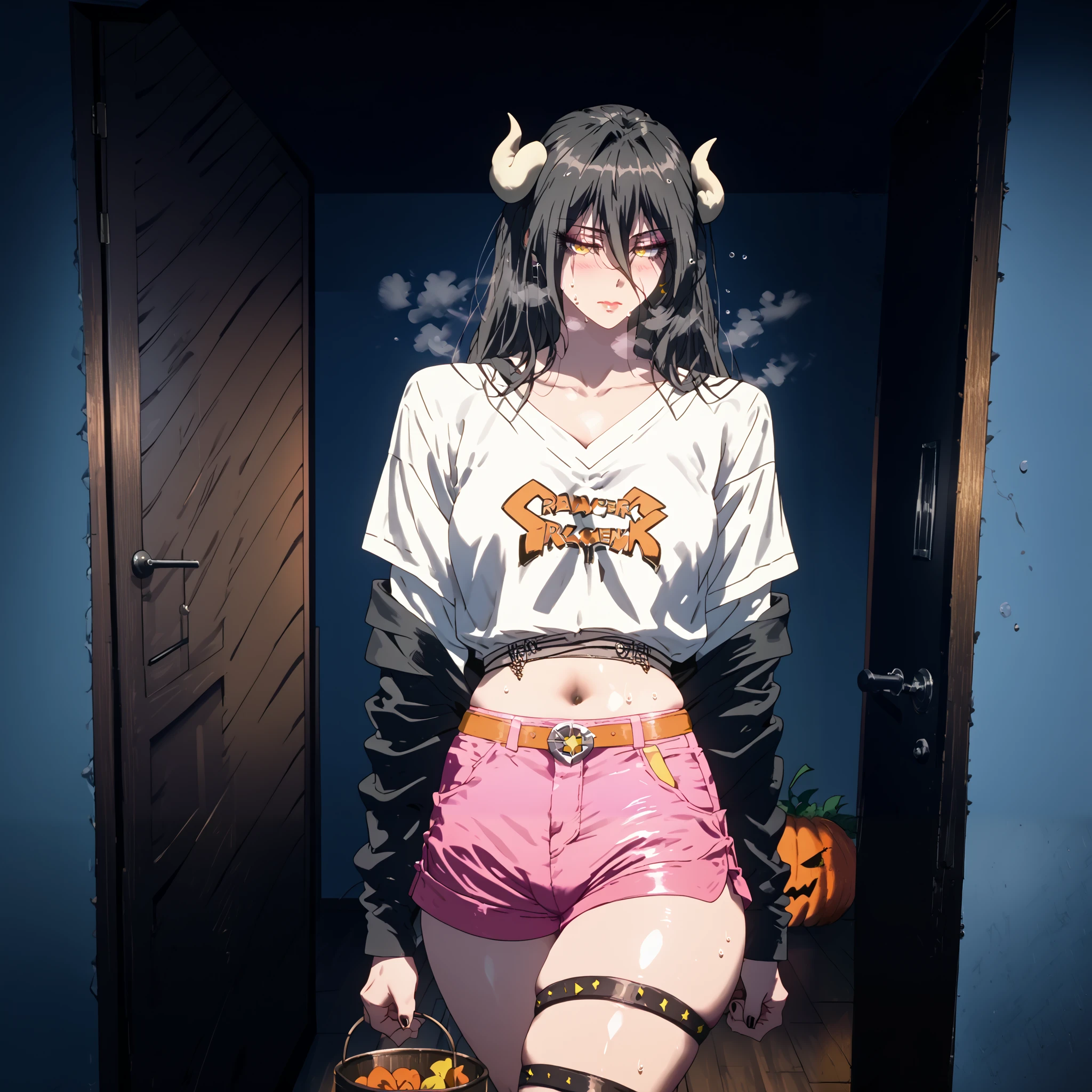 aRoodNoodle,artstyle, soft colors, pastel colors, desaturated, Score_9, Score_8_up, Score_7_up, albedo \(overlord\), black hair, long hair, demon horns, slit pupils, yellow eyes, mature female, anime coloring, anime screencap, shiny skin, (voluptuous:1.3), (thick:1.3), BREAK UHD, retina, masterpiece, accurate, anatomically correct, textured skin, super detail, high details, high quality, award winning, best quality, highres, 4K, black nails, makeup, eyelashes, excessive sweating, sweating, sweating drop, (gasping, heavy breathing:1.3), (skindentation:1.2), perfect eyes, beautiful eyes, eyelashes, makeup, detailed body, perfect body, BREAK, 1girl, solo, breasts, halloween, navel, sweatdrop, looking_at_viewer, jewelry, earrings, halloween_costume, large_breasts, closed_mouth, collarbone, bucket, doorway, standing, heavy breathing, gasping, sweating, excessive sweating, sweating drop, plump, seductive sweating, half-closed eyes, BREAK COSTUME, white shirt, long sleeves, black cardigan, dolphin shorts, short shorts, pink shorts, midriff peek, thigh belt, at bedroom, 