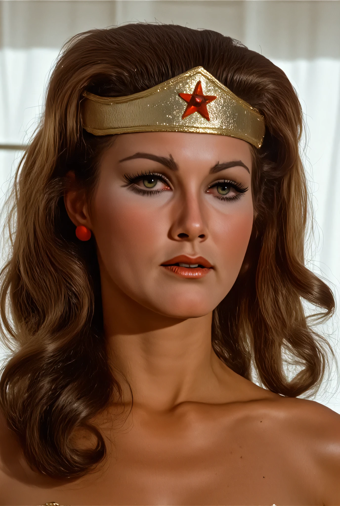 1 gorgeous nubile woman with long curvy hair, wearing catwoman metallic latex suit, wearing eye mask, with eyes wide open in mindless stare, 3:2 full frontal body portrait, (eyes wide open, wide open eyes, blank stare, best detailed face, best lifelike face, best lifelike nose and eyes), long wavy hair pulled back, pulled back into hairstyle with side hair bundles, hair with ponytail, pucker lips, pale snowy colored skin, huge hoop earrings, bodacious, playboy playmate archetype, perfect bikini body, (((massive breasts))), show cameltoe, show underboobs, mindless facial expression, deeply hypnotized facial expression, deeply entranced facial expression, bright foreground, (RAW Photo, 12K, best quality, best masterpiece, hires, best realism, best photorealism, vivid colors and extremely bright natural indoor lighting)