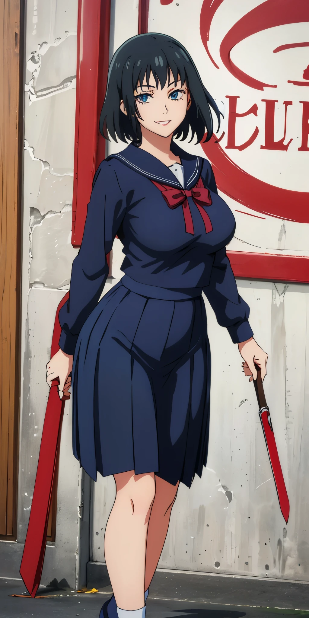Young woman drawn in 80’s anime art style.
Retro anime. Vintage Anime. Classical Anime.
She has long and wavy black hair, blue eyes, full lips, and a beauty mark located under the right side of her mouth. She is well known for her curvaceous figure of which her most distinctive trait is her very large breasts. She has a sinister smile. She carries a weapon inside of a sword-carrying case! Meanwhile she is also visiting a High School!
She is wearing a sailor fuku (セーラー服, sērā fuku, sailor outfit) is a common japanese style of uniform worn by women, traditionally by high school female students.
The uniform generally consists of a sailor-styled blouse attached with a (Navy blue sailor-style collar) and a Dark Navy Blue Sailor Blouse. The length of the long skirt goes down past her ankle.
A ribbon is tied in the front and laced through a loop attached to the sailor blouse. The color is the ribbon is red. (RED RIBBON)
(Dark Navy Blue Sailor Shirt)
(Dark Navy Pleated Skirt)
(High School)
