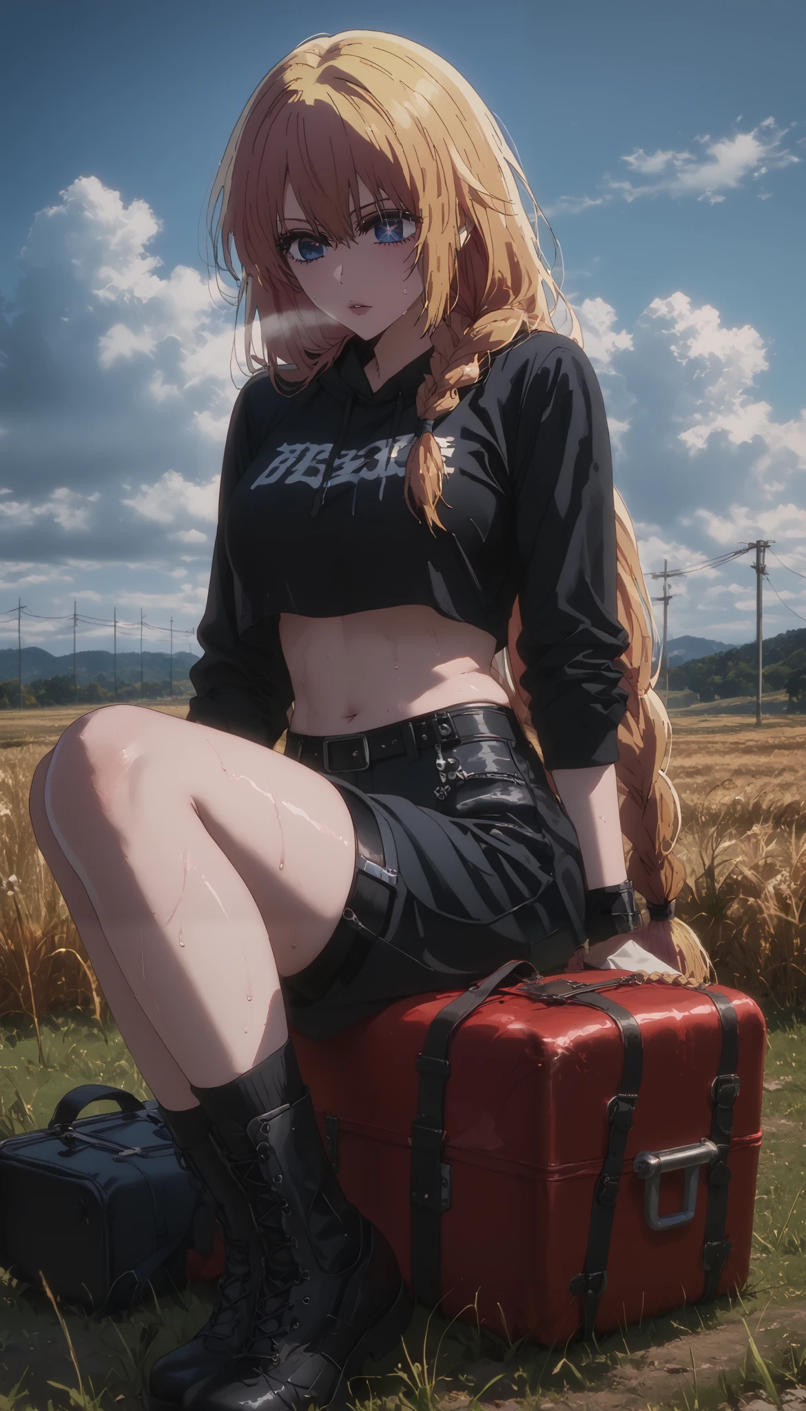 score_9, score_8_up, score_7_up, source_anime, jeanne d arc, blonde hair, blue eyes, long hair, large breasts, braid, single braid, anime coloring, anime screencap, shiny skin, (voluptuous:1.3), (thick:1.3), BREAK UHD, retina, masterpiece, accurate, anatomically correct, textured skin, super detail, high details, high quality, award winning, best quality, highres, 4K, black nails, makeup, eyelashes, excessive sweating, sweating, sweating drop, (gasping, heavy breathing:1.3), (skindentation:1.2), perfect eyes, beautiful eyes, eyelashes, makeup, detailed body, perfect body, BREAK, cropped hoodie, black bikini, long sleeves, a woman sitting on top of a pile of luggage, field, grass, dusty, cinematic, dirty, cloudy sky