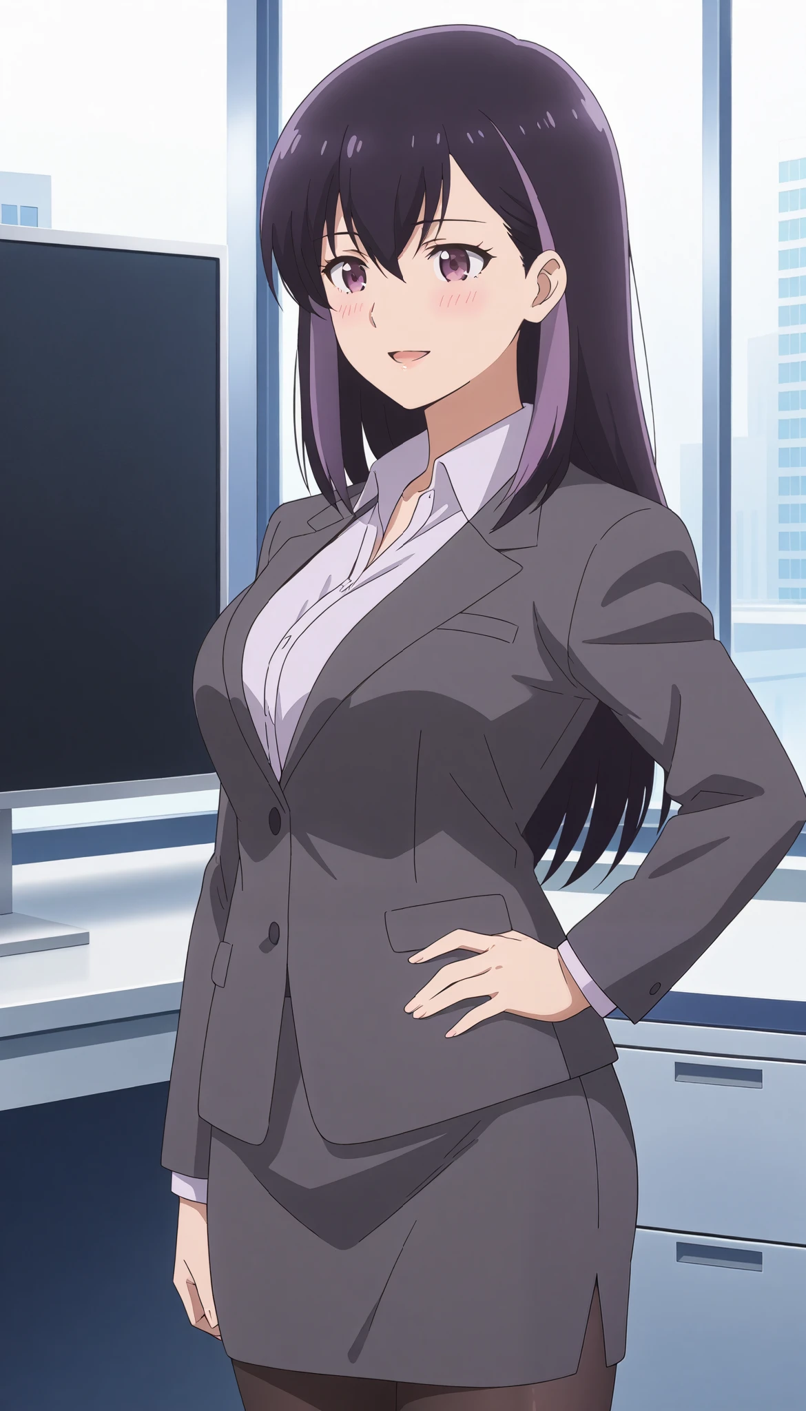 score_9, score_8_up, score_7_up, source_anime, BREAK 1girl, solo, looking at forward, in office ,cowboy shot, rika honjouji, purple hair, black hair, multicolored hair, long hair, hair between eyes, purple eyes, work uniform, collared shirt, suit, long sleeves, pencil skirt, pantyhose,rouge lips ,open mouth, blushing ,smile ,standing ,hand on hip , from side, large breast