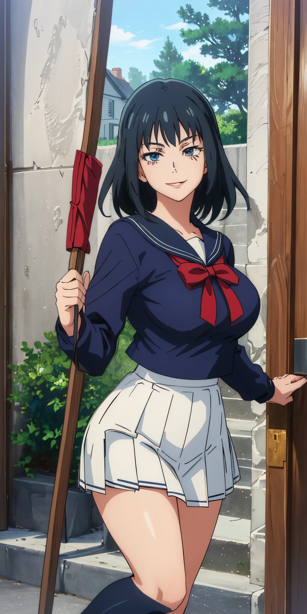 Young woman drawn in 80’s anime art style.
Retro anime. Vintage Anime. Classical Anime.
She has long and wavy black hair, blue eyes, full lips, and a beauty mark located under the right side of her mouth. She is well known for her curvaceous figure of which her most distinctive trait is her very large breasts. She has a sinister smile. She carries a weapon inside of a staff-carrying case! Meanwhile she is also visiting a High School!
She is wearing a sailor fuku (セーラー服, sērā fuku, sailor outfit) is a common japanese style of uniform worn by women, traditionally by high school female students.
The uniform generally consists of a sailor-styled blouse attached with a (Navy blue sailor-style collar) and a Dark Navy Blue Sailor Blouse. The length of the long skirt goes down past her ankle.
A ribbon is tied in the front and laced through a loop attached to the sailor blouse. The color is the ribbon is red. (RED RIBBON)
(Dark Navy Blue Sailor Shirt)
(Dark Navy Pleated Skirt)
(High School)