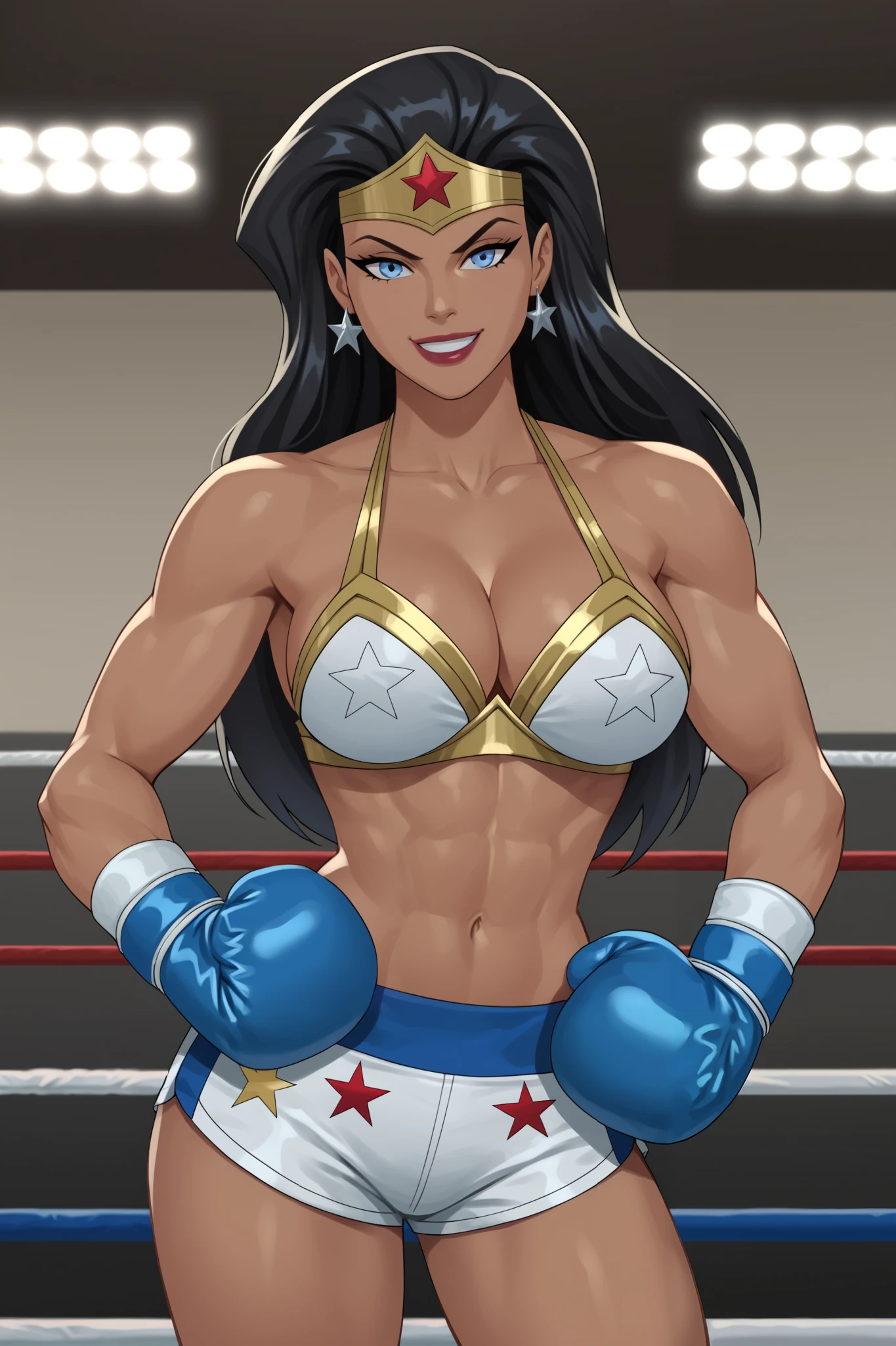 PonyXLV6_Scores BREAK ((parody), perfect anatomy, perfect eyes, cowboy shot), BREAK diana prince, long hair, black hair, blue eyes, lipstick, dark-skinned female, flirting, raised eyebrow, ((looking at viewer)), bare shoulders, cleavage, silver boxing gloves, silver boxing shorts , jewelry, st ar earrings, tiara, star print, large breasts, curvy, toned, athletic, boxing ring, gym, indoors, silver bikini top, muscles, smiling,