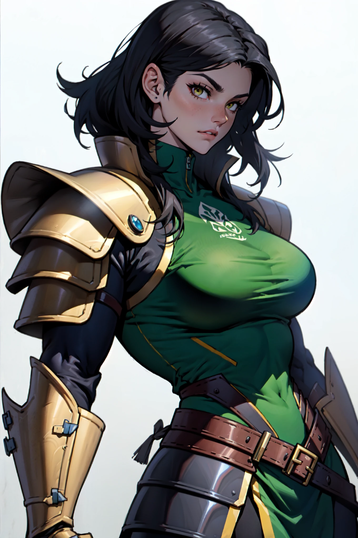 "(Extremely detailed CG Unity 8k wallpaper) depicting a (masterpiece) with a stunning (talented warrior) who exudes (charisma), boasting sharp (piercing green eyes) and intense (black hair) that hints to a (mysterious) persona."