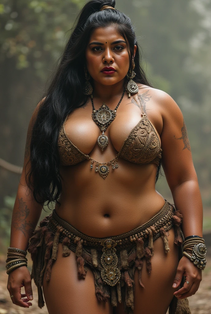 Young orc woman (big fangs), female orc, (green skin) , fearsome, dirty skin and hair, (wearing linen dress), dirty fur and leather clothes, big saggy breasts, large nipples, big breasts, skin imperfections, skin dentation, bone jewelry, forest background, natural lighting, tribal tattoos, muscular, big fat body, highly detailed, 4k, photorealistic, dramatic lighting, cinematic, fantasy art, ultra high quality, sharp Focus, orczor, view from side, interesting poses