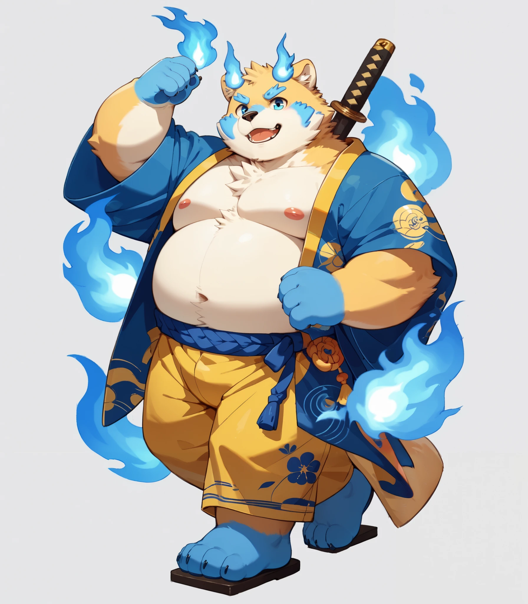 furry ,solo ,overweight,foot,botailang,,botailang,paw,blue foot,blue hand,blue fire