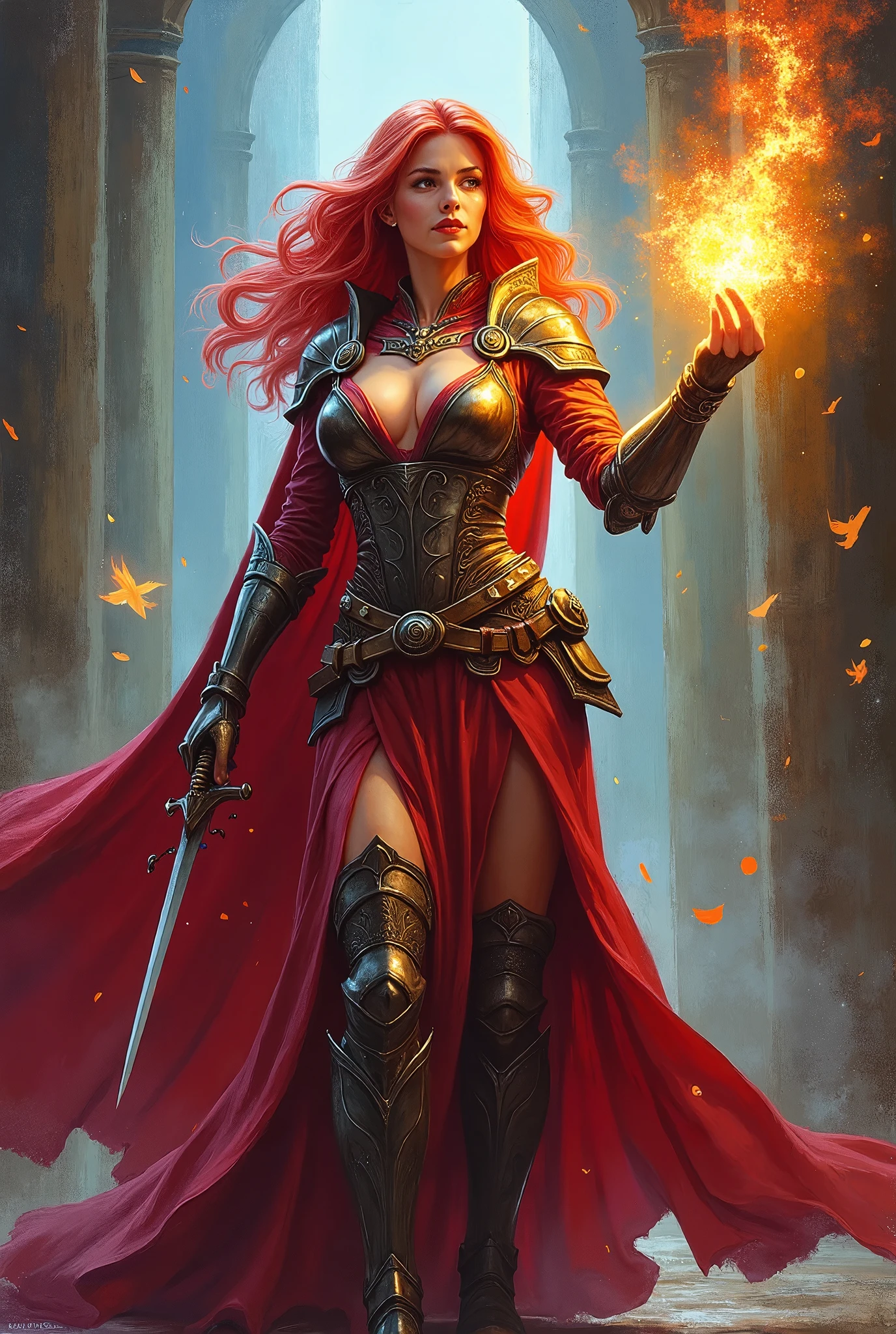 Draw a redheaded woman for a character in d&d being an artificer holding a plasma cannon in one hand and a potion in the other. Medieval clothing in red without a neckline
