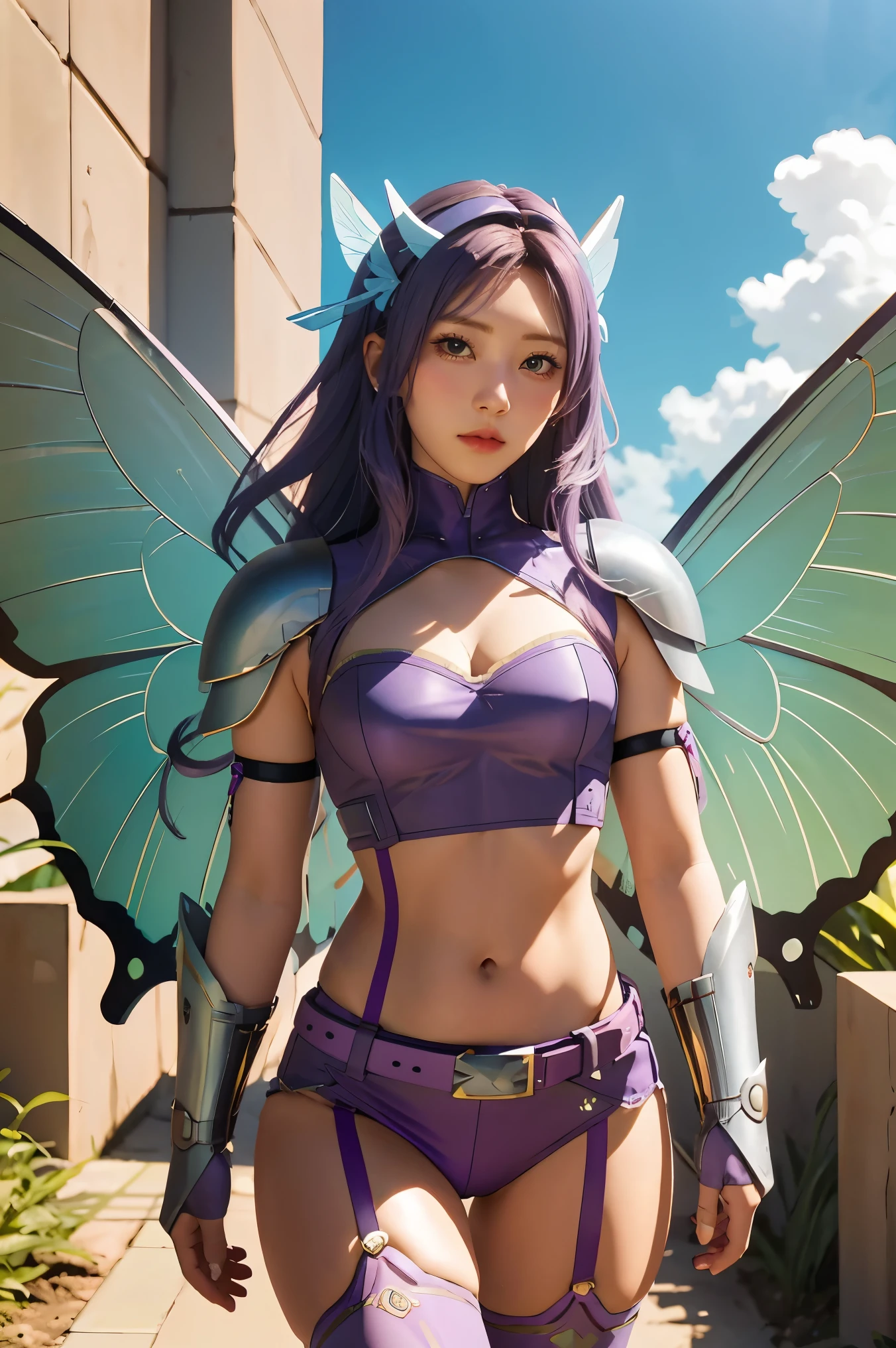 purple hair, long hair, hair ornament, belt, butterfly wings gauntlets, cleavage, garter straps, gauntlets, navel, shoulder pads, thigh highs,, sky, cloud,