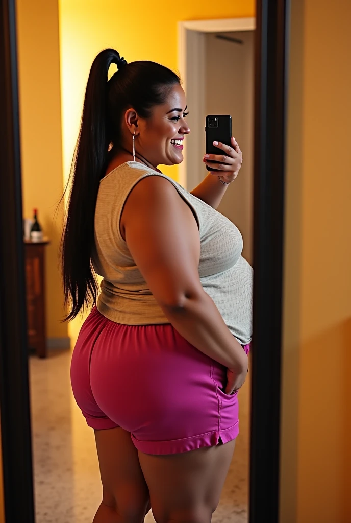 woman taking a picture of herself in the mirror in the bathroom, seen from the back, shot from the back, taken from behind, full body picture, back view!!, back view also, full growth from the back, in full growth from the back, photo taken from behind, very very low quality picture, photo from the back, centered full body rear-shot, big ass, huge ass, bbw, from behind, thick, thick thighs, wide hips, bbw, big , sideboob, giant ass, back view, big butt, round butt, tight underwear, filipina underwear halfway off, underwear taking off, grabbing ass, ass spilling over underwear, too thick for clothes, looking left, leftwards, naked, no clothes, no pants, naked, ass is uncovered