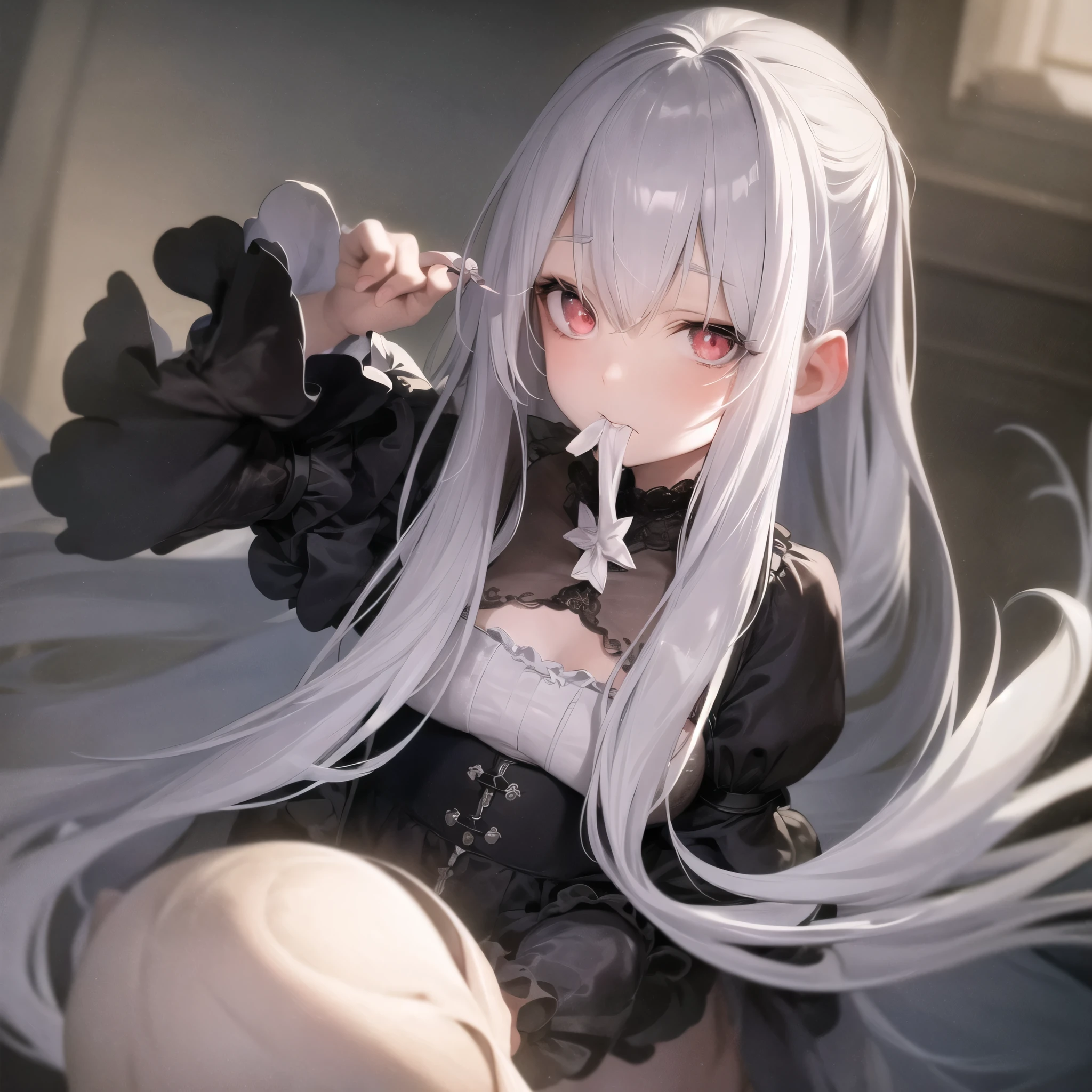 (8k, best quality, masterpiece: 1.2), 1 girl, headdress, portrait, (long loose black exposed dress: 1.1), cute, night, wet, photon mapping, radiosity, physics-based rendering, (complex fine details, taut clothes, hair ornament: 1.2), silver hair, lying down, holding hands on chest