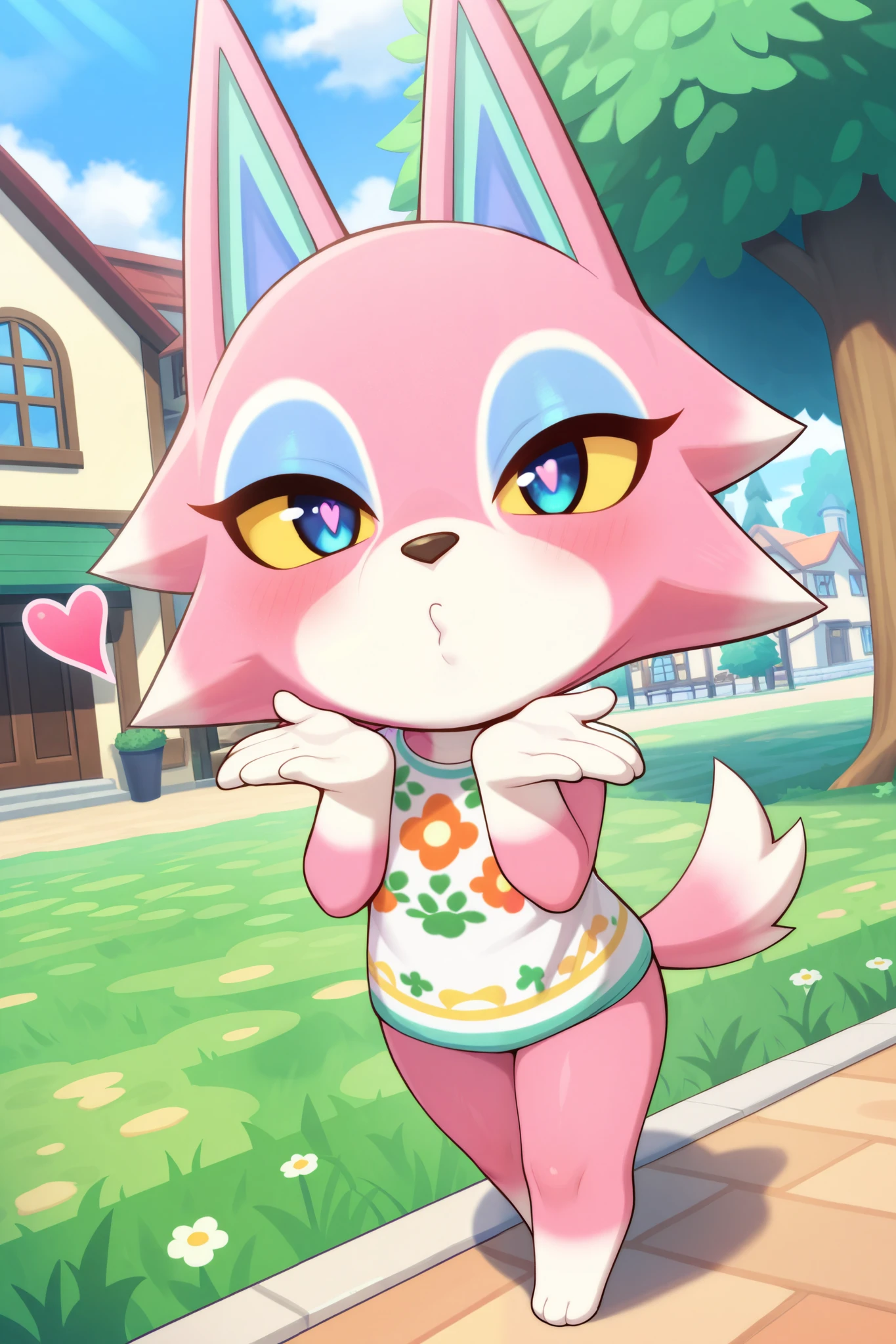 masterpiece, best quality, amazing quality, very aesthetic, high resolution, ultra-detailed, absurdres, newest, animal crossing BREAK 1girl, solo, Fr3ya, anthro, furry female, pink fur, blue eyes, colored sclera, yellow sclera, blue eyeshadow, wolf tail, blowing kiss, heart, puckered lips, o3o, looking at viewer, facing viewer, outdoors, town, buildings, grass, trees