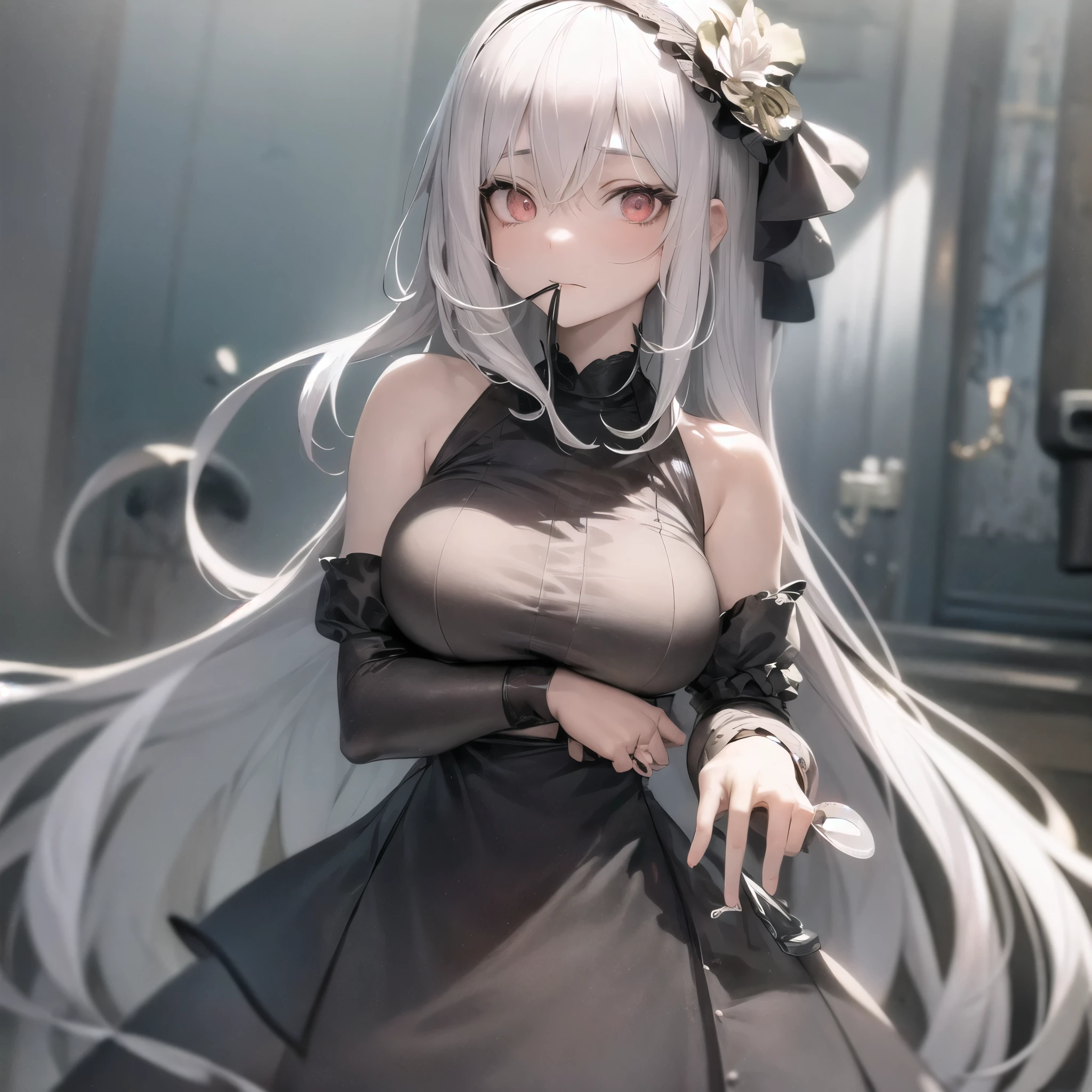 masterpiece, best quality, high resolution, best illustration, super fine illustration, (official art:0.7), (anime screencap:0.8), detailed beautiful face and eyes, anime keyvisual, (perfect anatomy:1.1), 8k portrait, (detail focus fingers:1.2), 
1girl,
Echidna, 
Echidna \(re:zero\),
long hair, 
white hair, 
(black eyes:1.2), 
butterfly hair ornament, 
small breasts, 
fit dress, long black dress, black cape, 
looking at viewer, 
cowboy shot, 
natural light, standing, smile, 