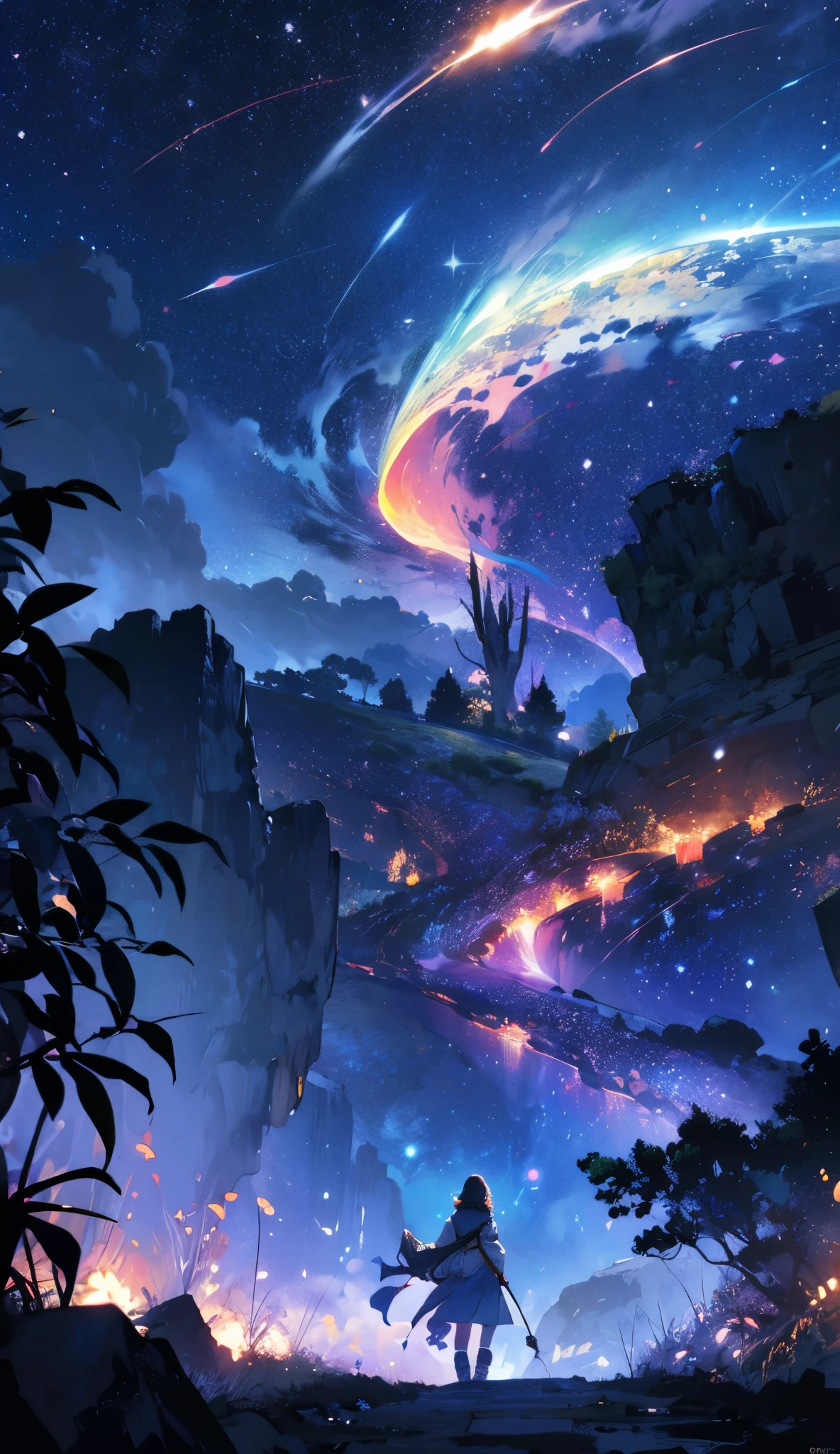 expansive landscape photograph , (a view from below that shows sky above and open field below), a girl standing on flower field looking up, full body (full moon:1.2), ( shooting stars:0.9), (nebula:1.3), distant mountain, tree BREAK
production art, (warm light source:1.2), (Firefly:1.2), lamp, lot of purple and orange, intricate details, volumetric lighting BREAK
(masterpiece:1.2), (best quality), 4k, ultra-detailed, (dynamic composition:1.4), highly detailed, colorful details,( iridescent colors:1.2), (glowing lighting, atmospheric lighting), dreamy, magical, (solo:1.2)
