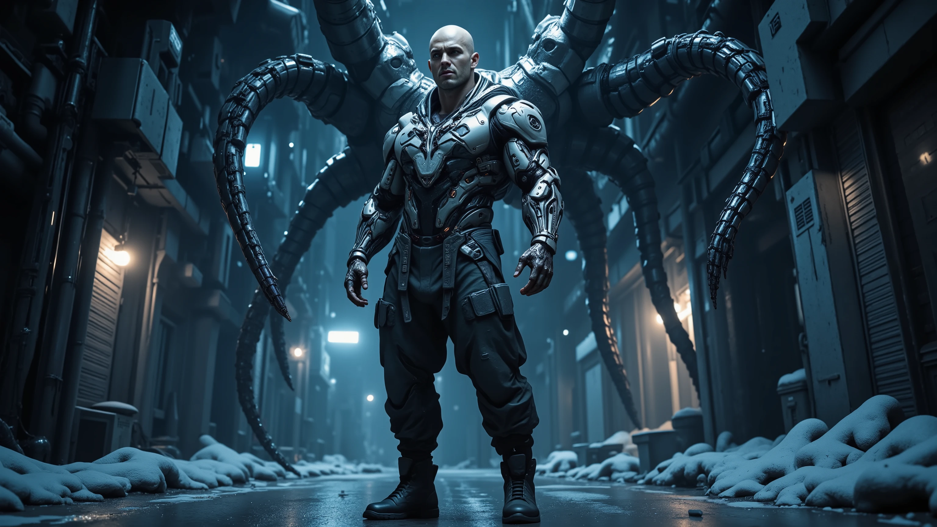 cidade futuristica cyberpunk, tons azuis, obscuro, uma nevoa obscura cobre a cidade, noite sombria, paisagem, as ruas estao molhadas pois acabou de chover, A muscular man with two robotic cybernetic arms, shaved head, military camouflage pants, combat black boots, monstrous thick metallic tentacles protruding from its back.