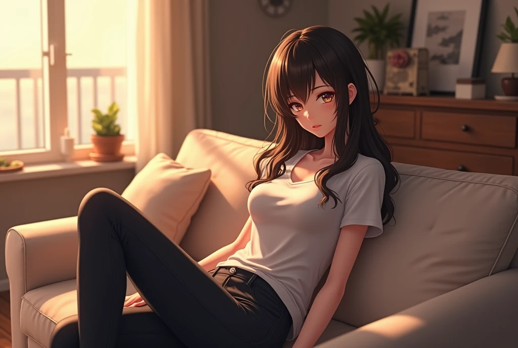 asian, young, girl, long black hair, white miniskirt, sit, sofa, living room