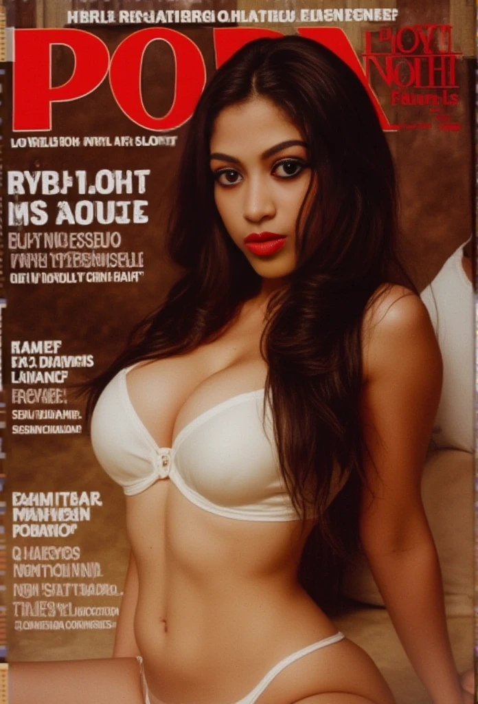 Pornographic magazine cover, young woman, 18yo, provocative position, medium breast, perfect body, black haired, blue eyes