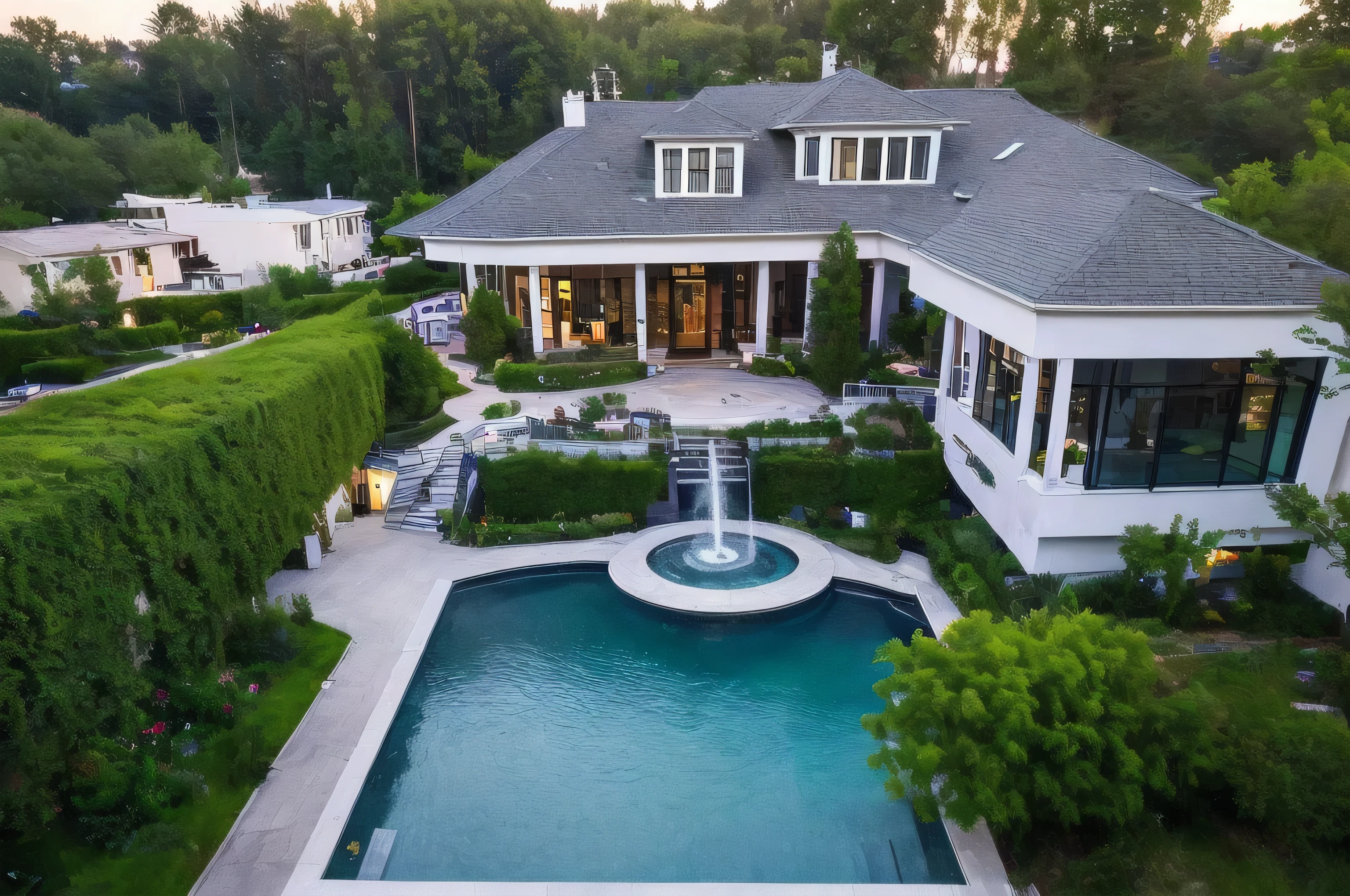 ((A luxurious house, a mega modern mansion, a wealthy person's residence with a modern design, featuring a spacious swimming pool, a grand and majestic fountain, adorned with shrubs in the yard and garden, complemented by lush greenery. Additionally, there are several luxury cars from various famous brands parked in front of the house near the fountain area, all surrounded by a large fence for privacy. Provide a camera angle that showcases the entire exterior of the house and its details, captured from the front view.)) (((Masterpiece, 8k resolution, high quality image, landscape mode, HD image, realistic image.)))