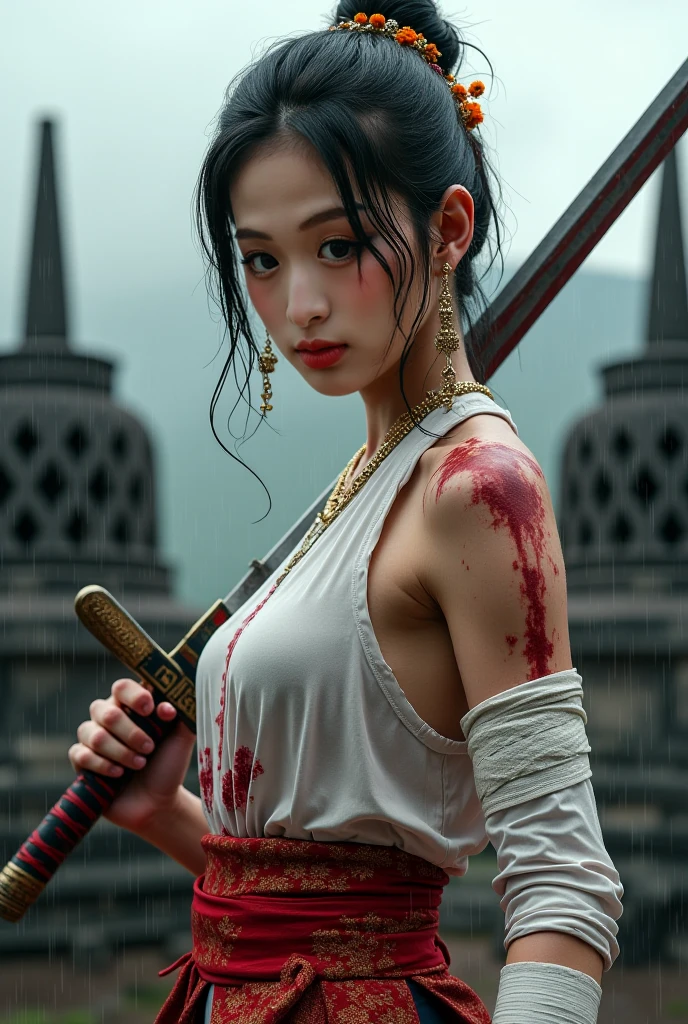 (Masterpiece), (best quality), behold a powerful yet vulnerable scene portraying a samurai girl, her chest exposed and body adorned with battle scars, a testament to the intensity of her recent fight. Standing amidst the aftermath of battle, she exudes an aura of resilience and determination, her torn garments and bruised skin revealing the toll of combat. With her sword at her side and eyes ablaze with determination, she stands ready to face whatever challenges may come her way. Through masterful attention to detail, capture the raw emotion and strength emanating from her, inviting viewers to witness the inner and outer scars of her warrior's journey.