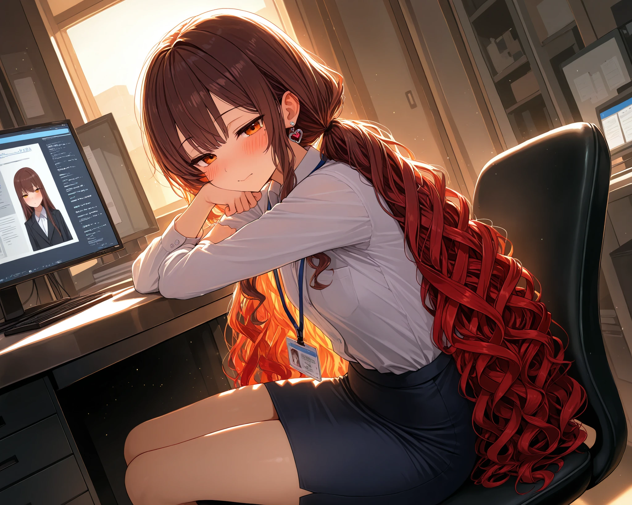 very cute face, cute girl, solo, long hair, wavy hair, low twintail hair, ((brown hair with red ends)), Mole under the left eye, half closed eyes, orange eyes, flat breasts, office uniform costume, id card, heart Pierced earrings, blush, sitting, indoors, office, monitor, flawless smooth skin, particles, fractal, (best quality,4k,8k,highres,masterpiece:1.2),ultra-detailed,intricate details, high fashion, dramatic lighting, warm colors, chiaroscuro