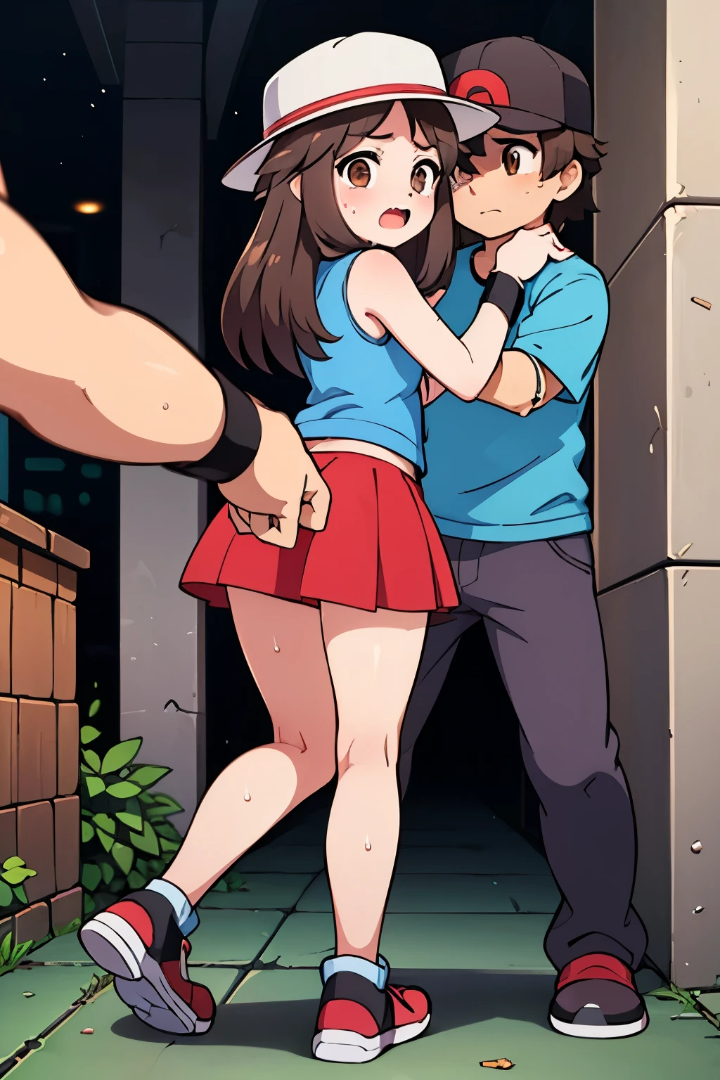 a girl being attacked and harassed by a group of men on the metro, her breasts and thighs are being groped by men's hands, she is trying to escape, her expression reflects shame, sex from bihind, breast grab, 1trainerleaf1, sleeveless shirt, black wristbands, visible thighs,thick thighs,red skirt,blue shirt, brown eyes, hat, pantyshot, white panties, lift skirt, flash , (best quality,4k,8k,highres,masterpiece:1.2),ultra-detailed,(realistic,photorealistic,photo-realistic:1.37),1girl,beautiful detailed eyes,beautiful detailed lips,extremely detailed eyes and face,longeyelashes,in distress,groped,harassed,subway train,crowded,scared expression,realistic,cinematic lighting,dark at