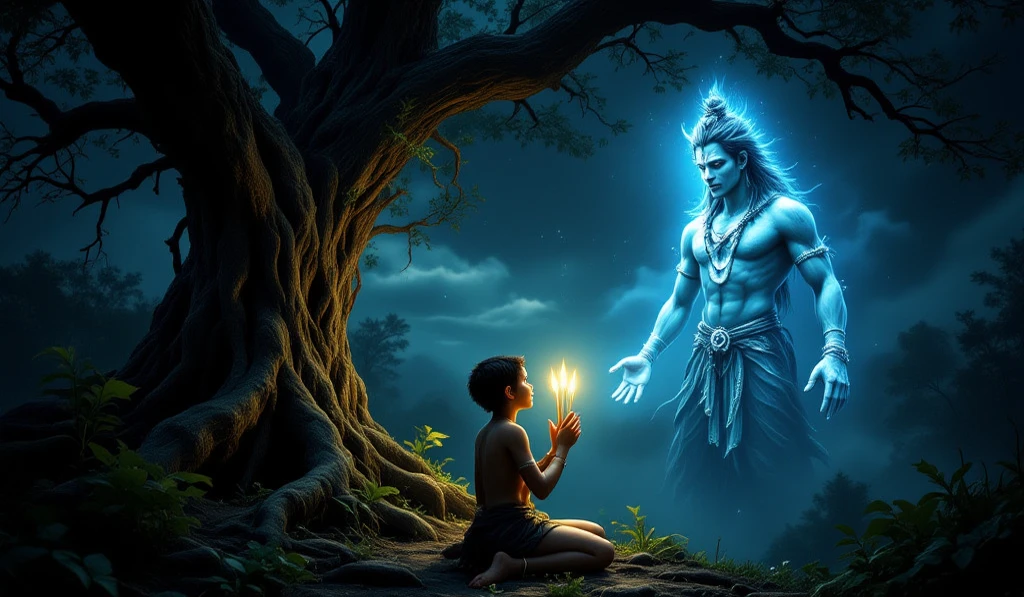 Describe a scene depicting an 20-year-old girl kneeling barefoot, seated in prayer before a lord shiva accompanied by a tiger. The setting includes a large, realistic blue neon light lord shiva backdrop, The girl is adorned in a blue saree on which Name "shruthi" written in neon light bold font, girl facing lord shiva and lord shiva giving blessing, devotional 
background..