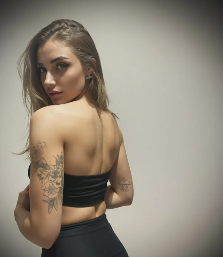 a woman wearing black leather pants and a bra top, images on the sales website, instagram model, latex skin, asian beautiful face, back breaker, thick bow, latina skin, open back dress, unreal maya, official store photo, her back is to us, black sweatpants, trending on cgisociety, mma