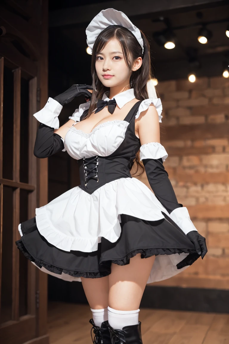 in 8K, Velvet bunny costume, velvet, bunny girl, Chest close-up, Ultra realistic bunny girl, Bokeh background, bokeh feeling, inside room, Japanese, Smile, Sorrisos, Happy Eyes, shiny white skin, girl cute, Coarse fishnet stockings, highheels, big boob, chest cleavage, White choker and black bow tie around neck, White cuffs on wrist, Black One Piece, ponytails