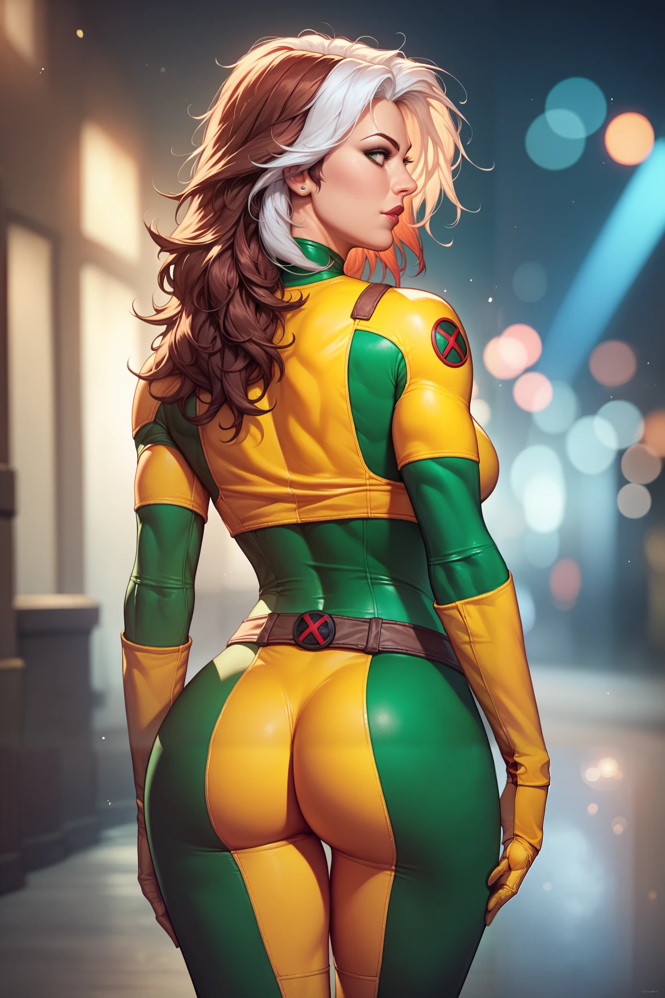 good anatomy, masterpiece, best quality, bokeh, depth of field, highres, rogue , x men, wide hips, cowboy shot from behind