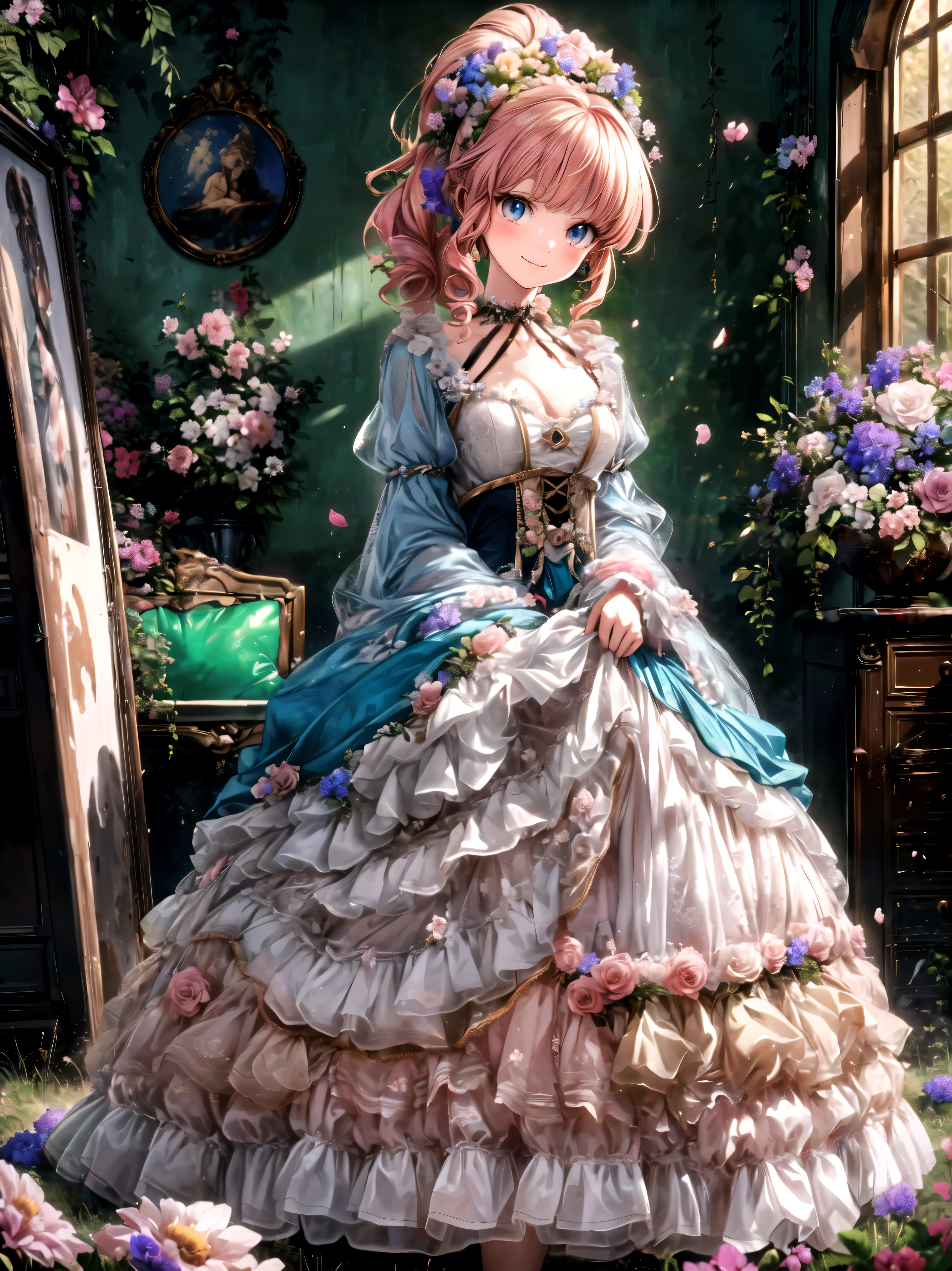 solo princess , Curly Hair, ponytail, floral crinoline hoop skirt, Red Petticoat Dress , big size, hyper detailed beautiful eyes, bonnet, Fluffy, pink hair, ((smile)), (( light particles)), Retro, forest, (((nature))), ( in the woods ), (((A decayed small room in the forest surrounded by flowers ))), sofa, ((Lots of colorful flowers)), ((Flowing Petals)), sunlight filtering through the trees, Shallow Depth of Field , film grain, landscape, light sparkles, light leaks, (anime moe art style:1.3), ((Superbly detailed drawing, ultra detailed, exquisite quality, absolutely resolution)),