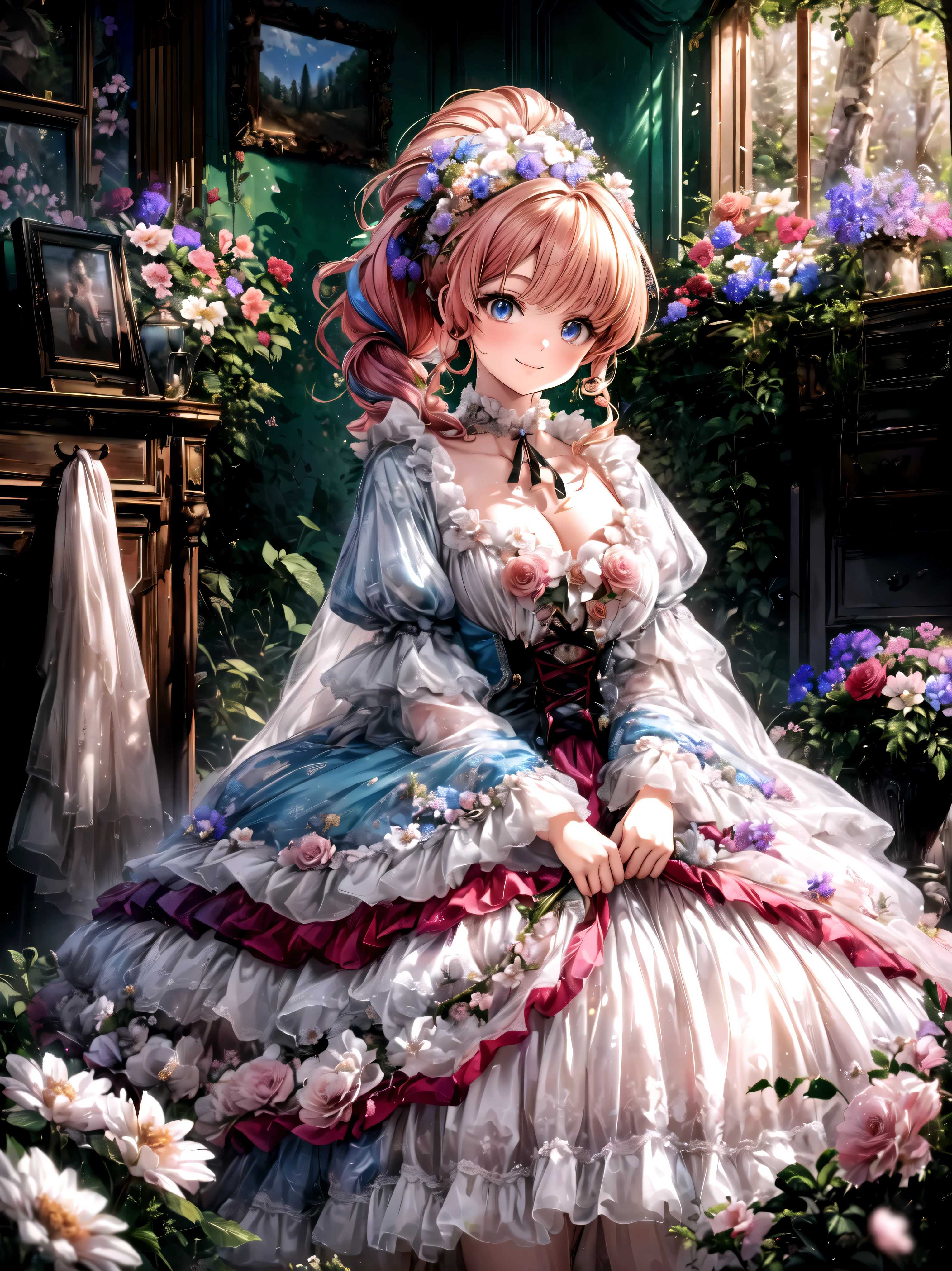 Lady, Curly Hair, ponytail, floral crinoline hoop skirt, Red Petticoat Dress , ((( big size))), hyper detailed beautiful eyes, bonnet, Fluffy, pink hair, ((smile)), downblouse, loose t-shirt, light particles, Retro, forest, ((nature)), ( in the woods ), (((A decayed small room in the forest surrounded by flowers ))), sofa, ((Lots of colorful flowers)), (Flowing Petals), sunlight filtering through the trees, Shallow Depth of Field , film grain, landscape, light sparkles, light leaks, (anime moe art style:1.3), ((Superbly detailed drawing, ultra detailed, exquisite quality, absolutely resolution)),